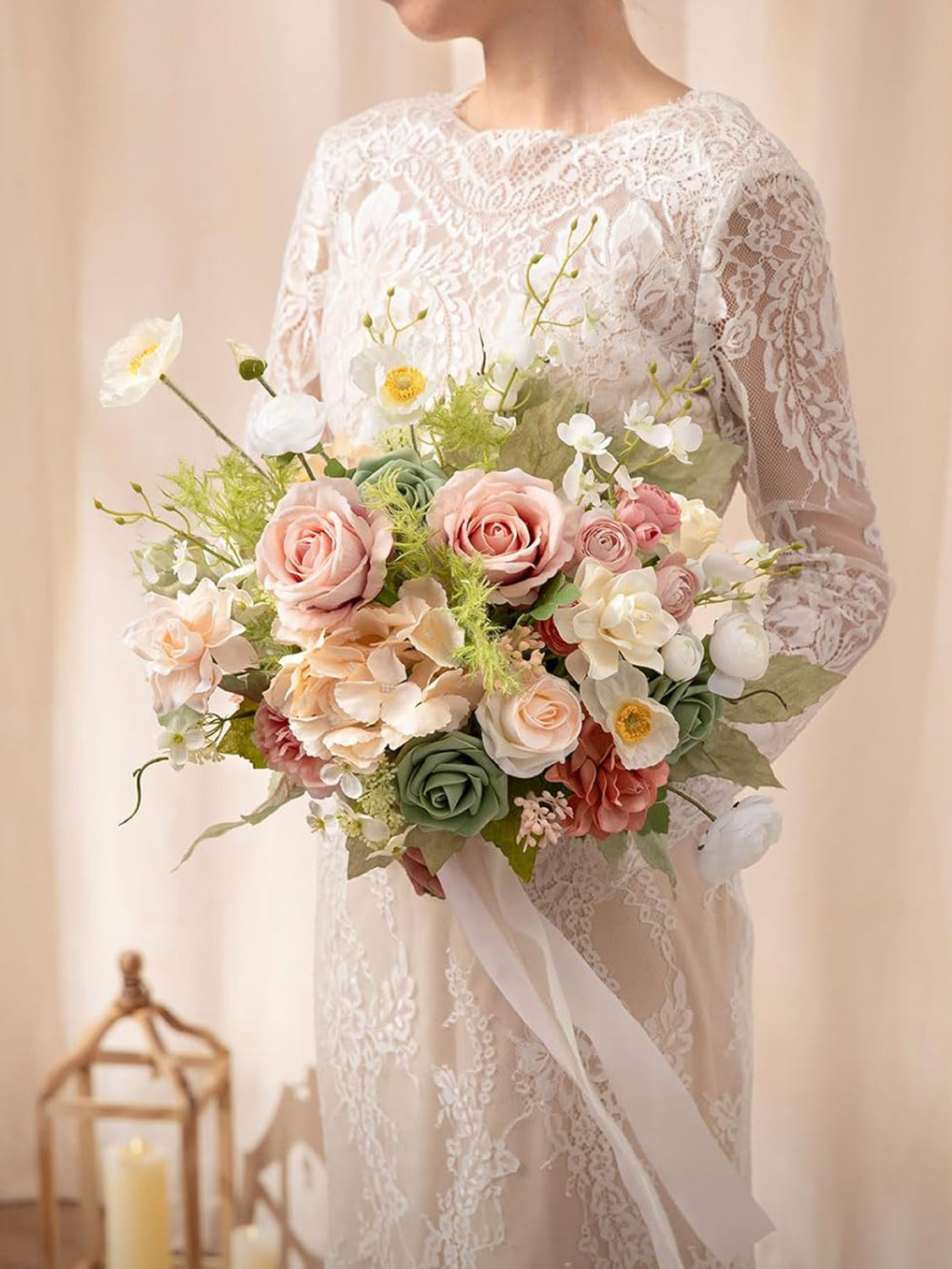 Blush Coral Pink Garden Wedding Artificial Flower Bouquets Bride