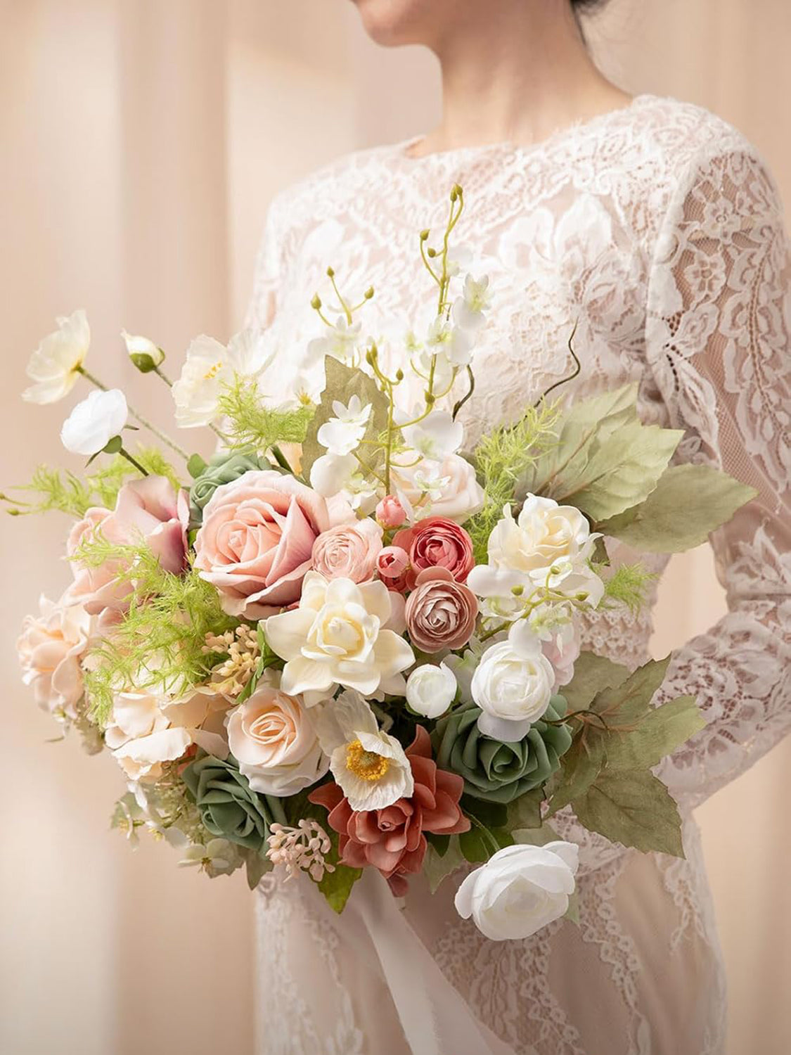 Blush Coral Pink Garden Wedding Artificial Flower Bouquets Bride