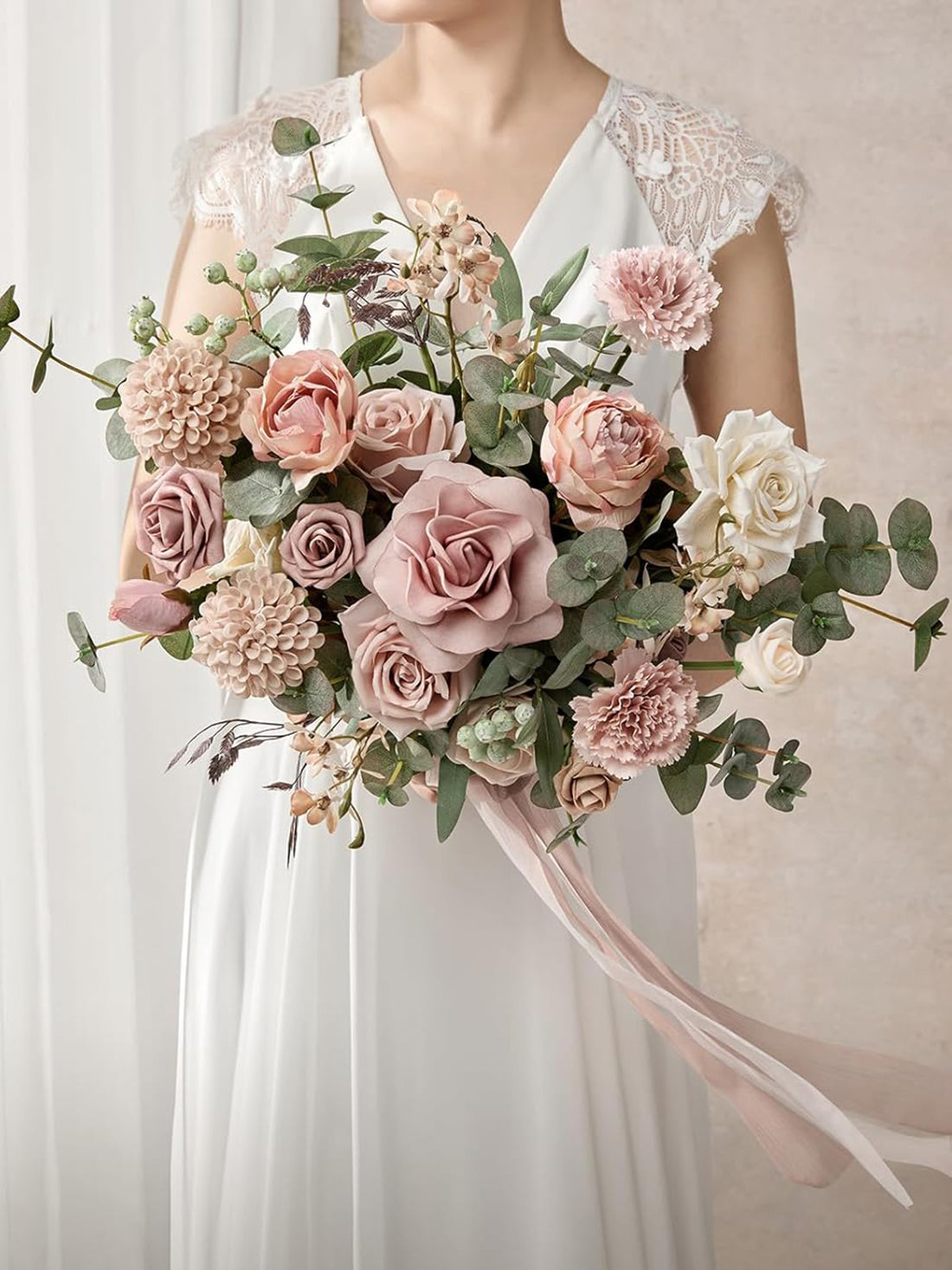 Dusty Rose & Cream Wedding Artificial Flower Bouquets Bride 13 Inch
