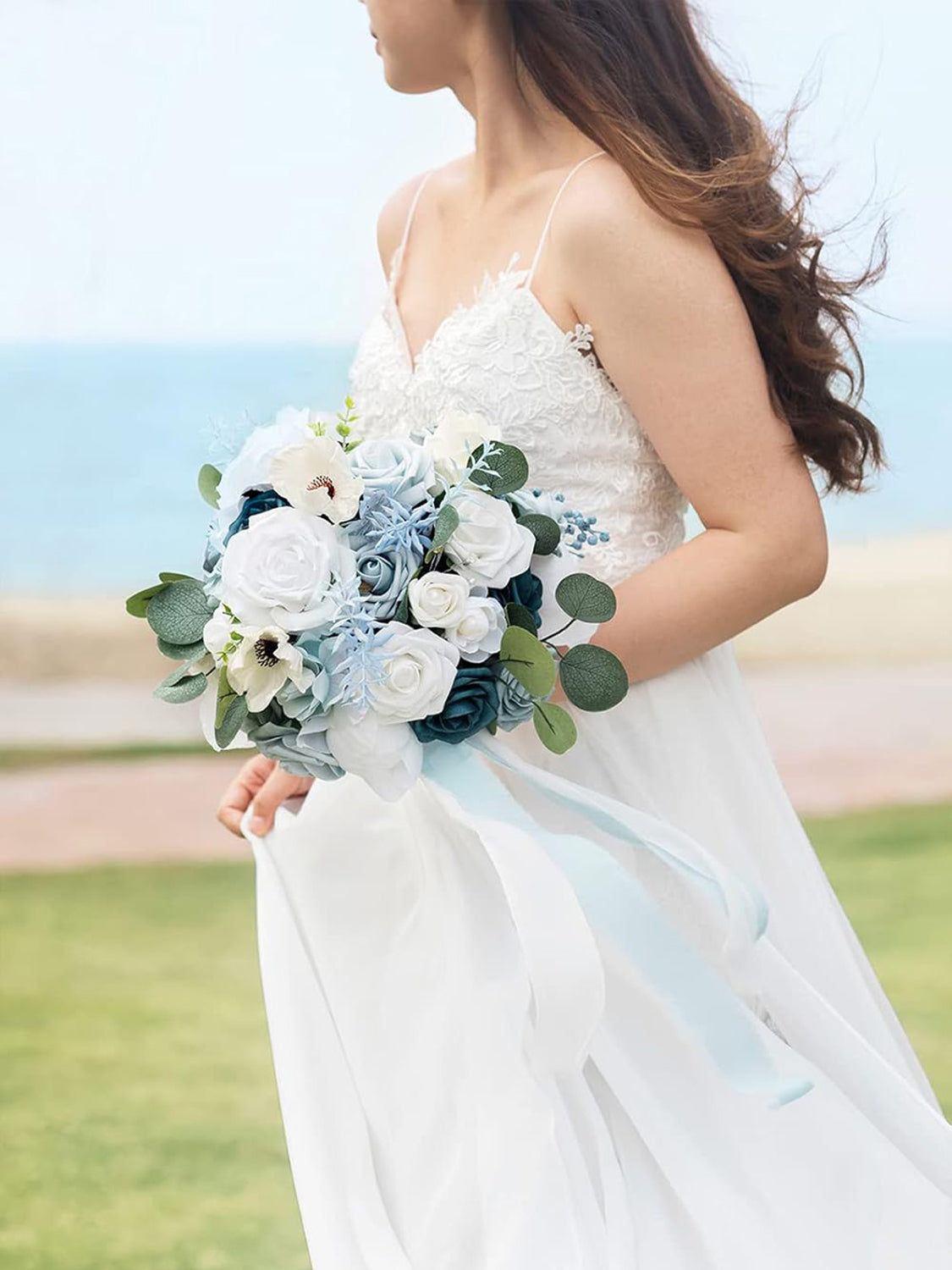 Romantic Dusty Blue Wedding Artificial Flower Bouquets Bride