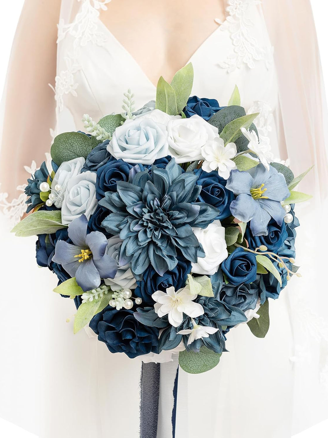 Navy Blue Wedding Artificial Flower Bouquets Bride 13 Inch