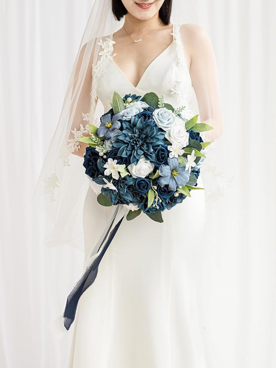 Navy Blue Wedding Artificial Flower Bouquets Bride 13 Inch
