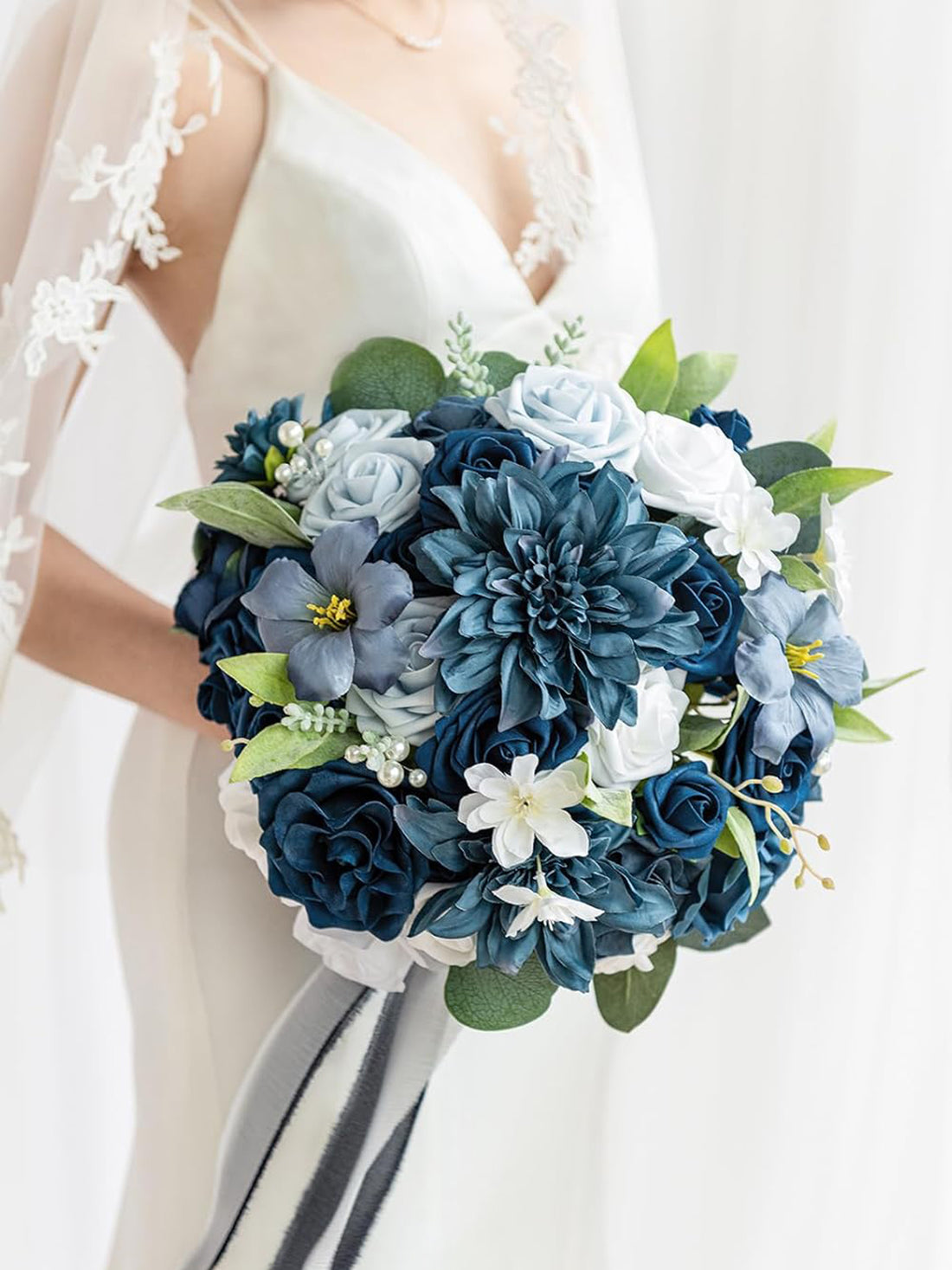 Navy Blue Wedding Artificial Flower Bouquets Bride 13 Inch