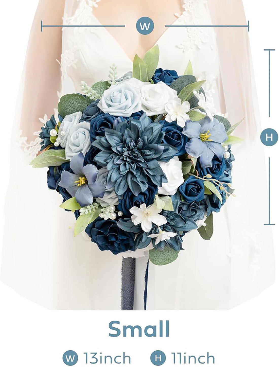 Navy Blue Wedding Artificial Flower Bouquets Bride 13 Inch