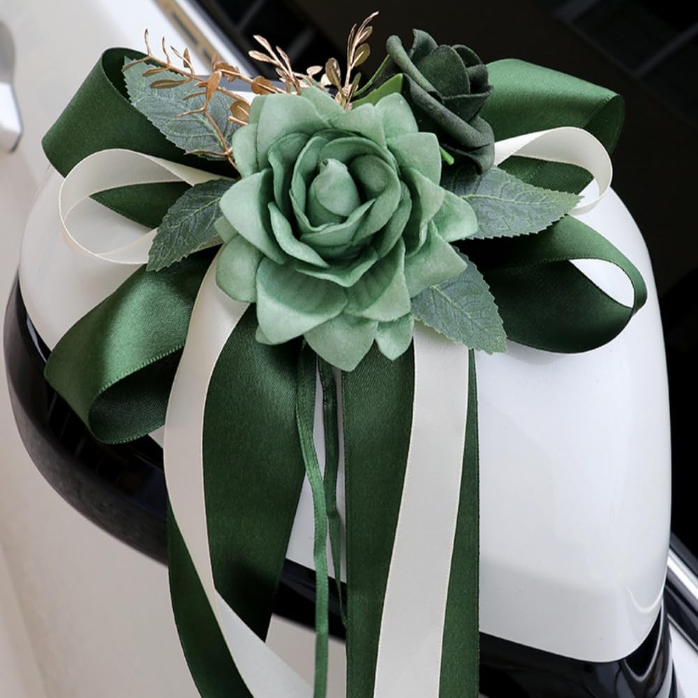 Green Wedding Car Mirror Bow Decorative Flowers 14 Inch 2 Pack