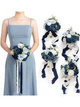 Dusty Blue & Navy Blue Wedding Flowers Bridesmaid Bouquet Set of 4