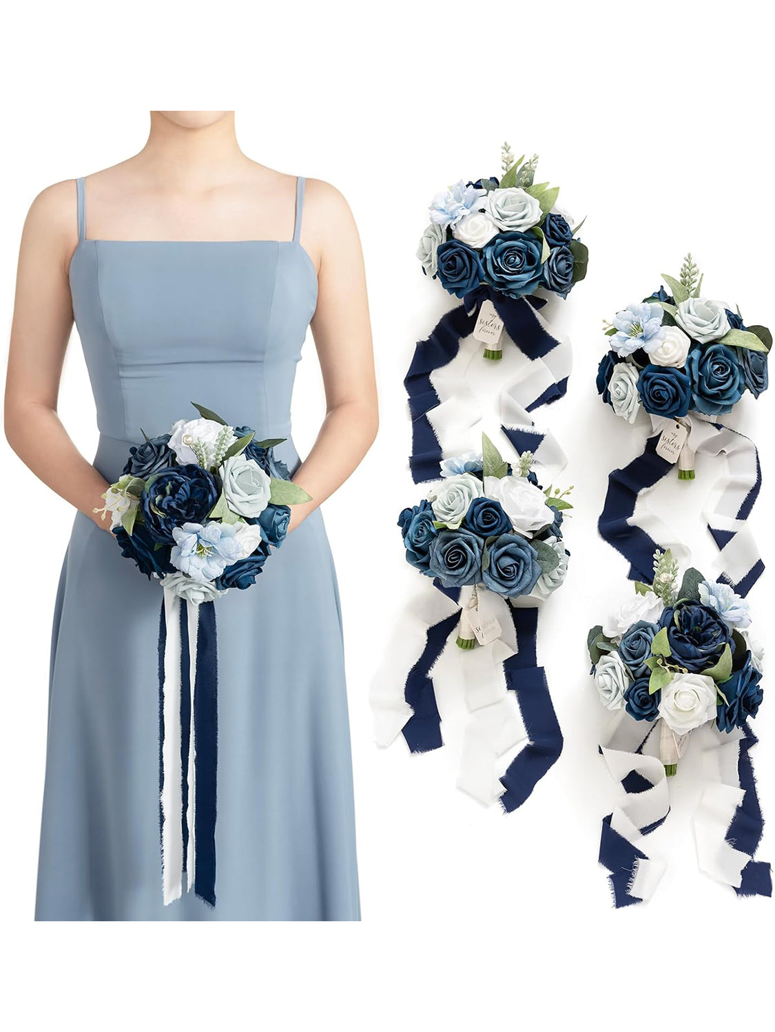 Dusty Blue & Navy Blue Wedding Flowers Bridesmaid Bouquet Set of 4