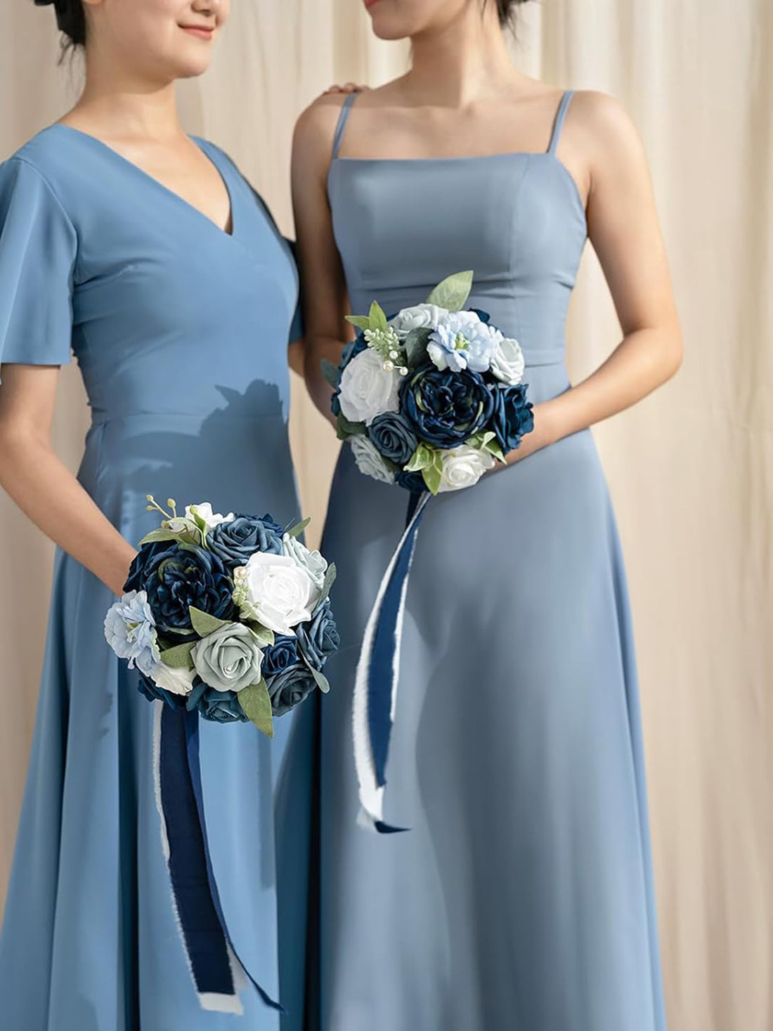 Dusty Blue & Navy Blue Wedding Flowers Bridesmaid Bouquet 7 Inch Set of 4
