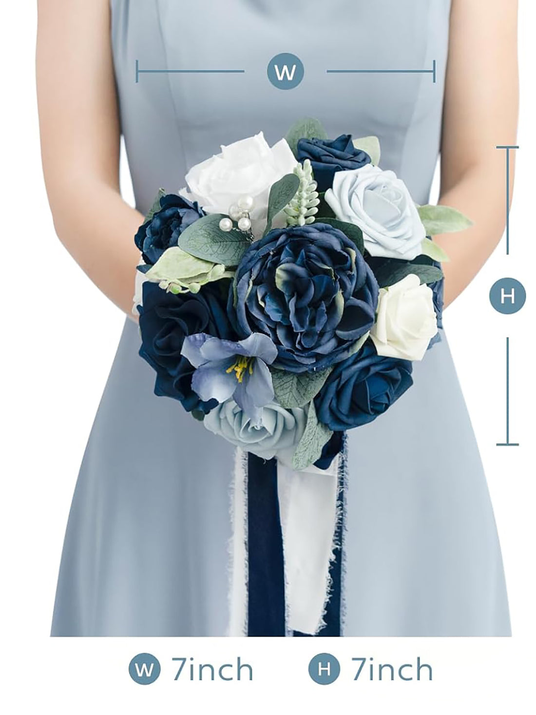Dusty Blue & Navy Blue Wedding Flowers Bridesmaid Bouquet 7 Inch Set of 4