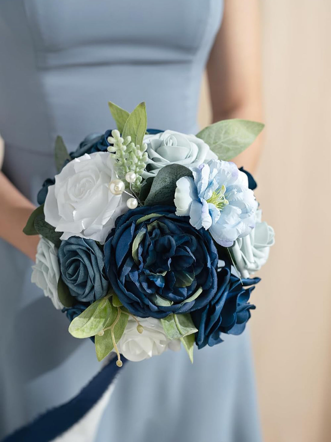 Dusty Blue & Navy Blue Wedding Flowers Bridesmaid Bouquet 7 Inch Set of 4