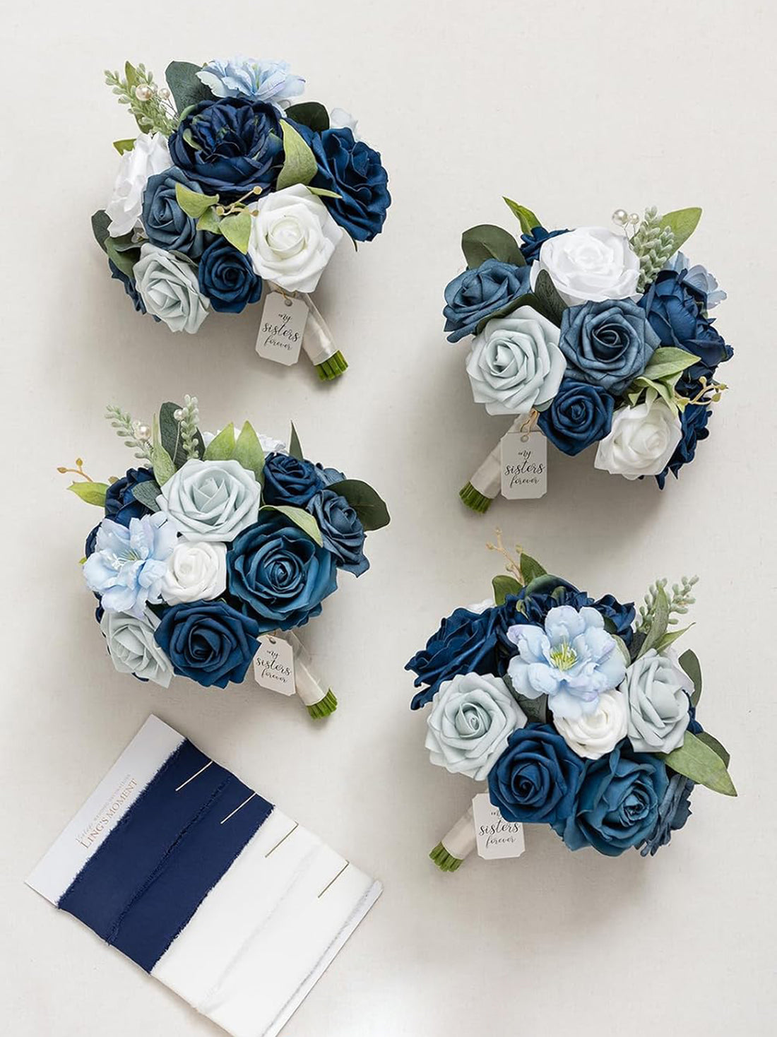 Dusty Blue & Navy Blue Wedding Flowers Bridesmaid Bouquet 7 Inch Set of 4