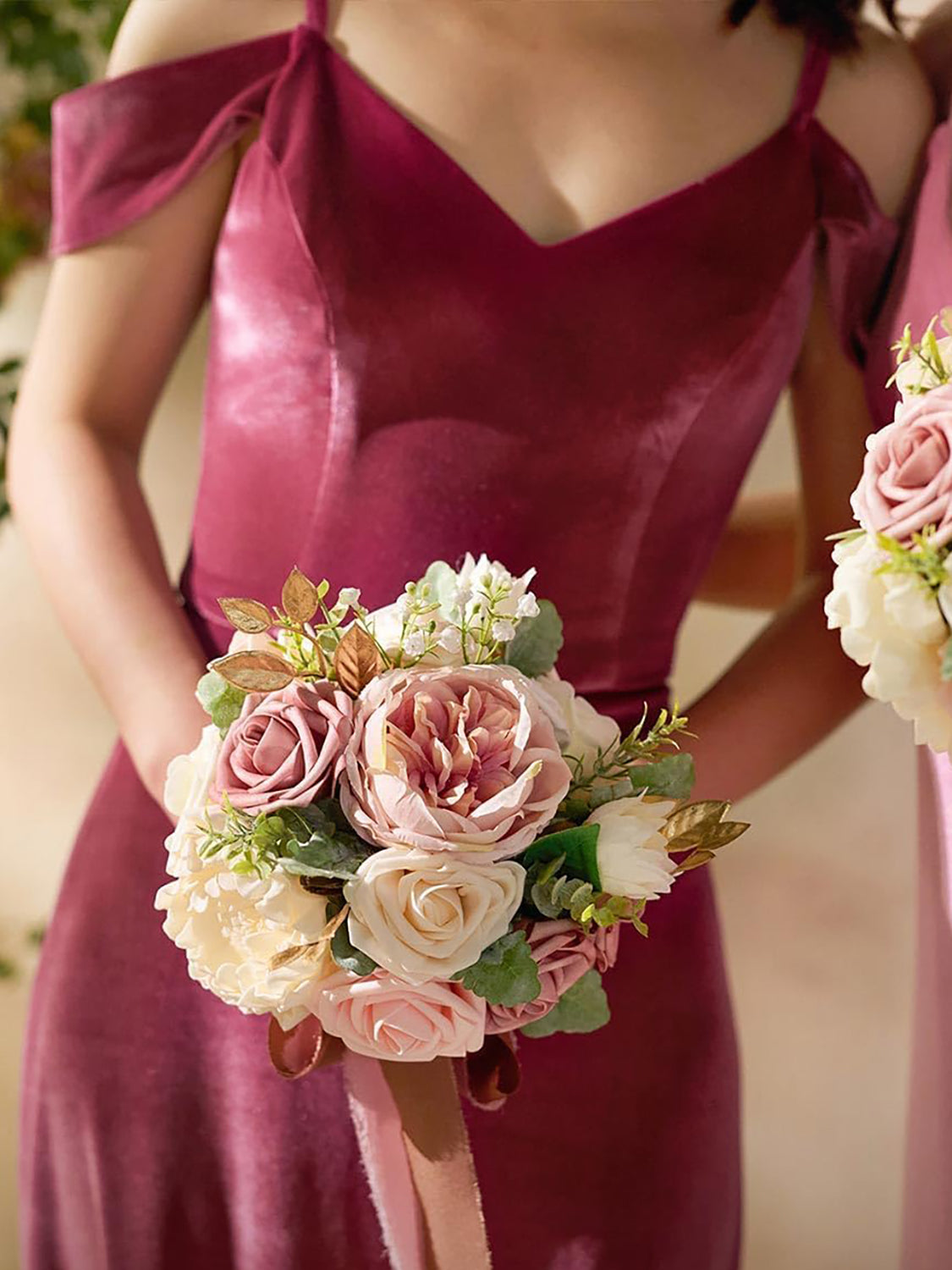 Dusty Rose & Cream Artificial Wedding Flower Bouquets for Bridesmaids