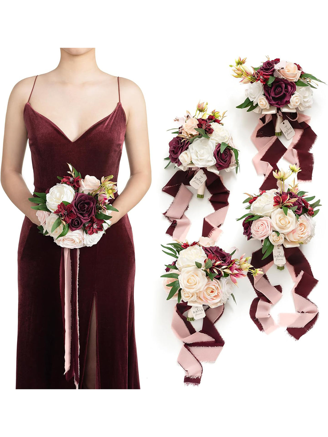 Marsala & Blush Bridesmaid Bouquet 7 Inch Set of 4