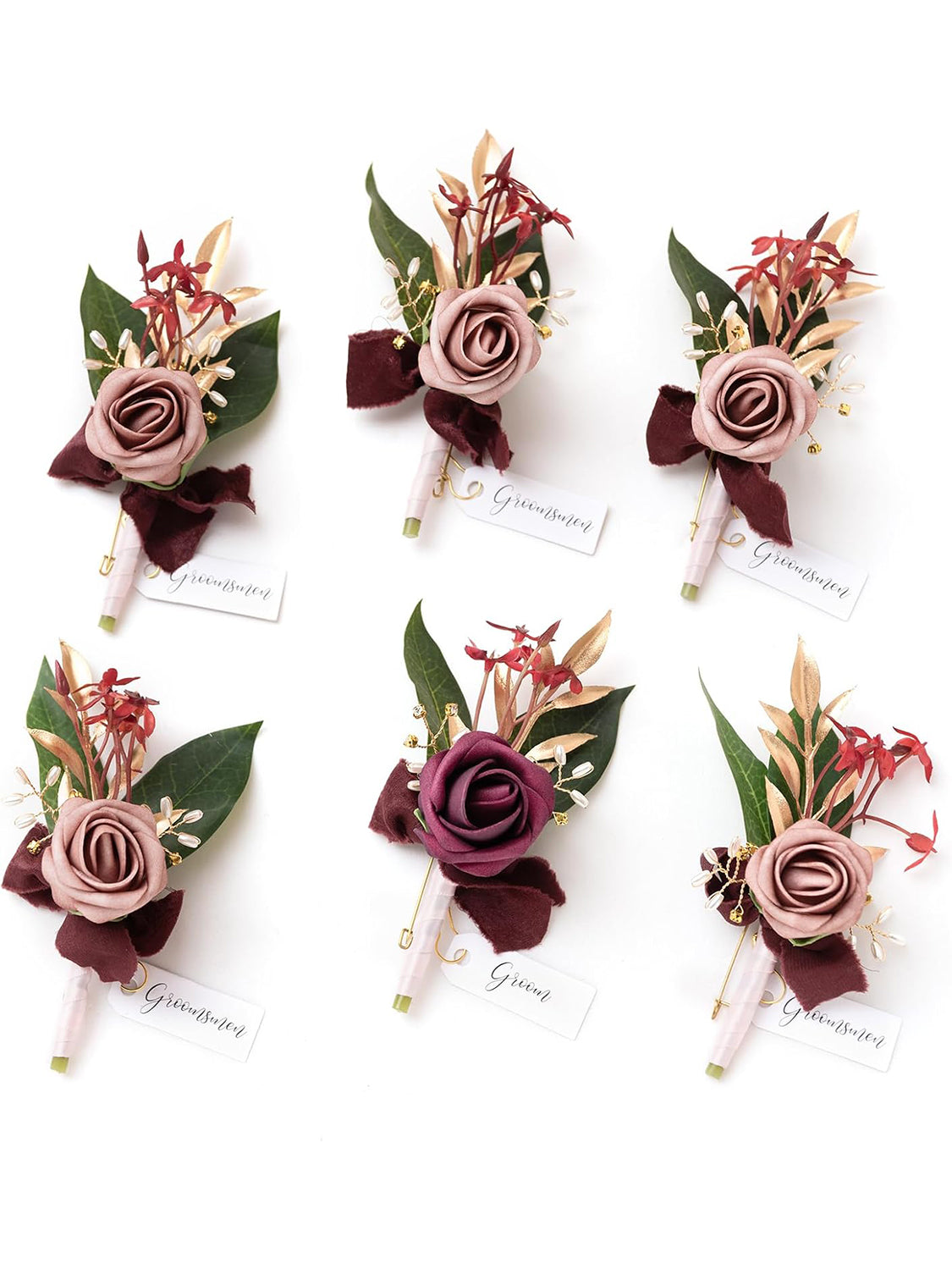 Marsala & Dusty Rose Groom Groomsmen Boutonniere 6pcs