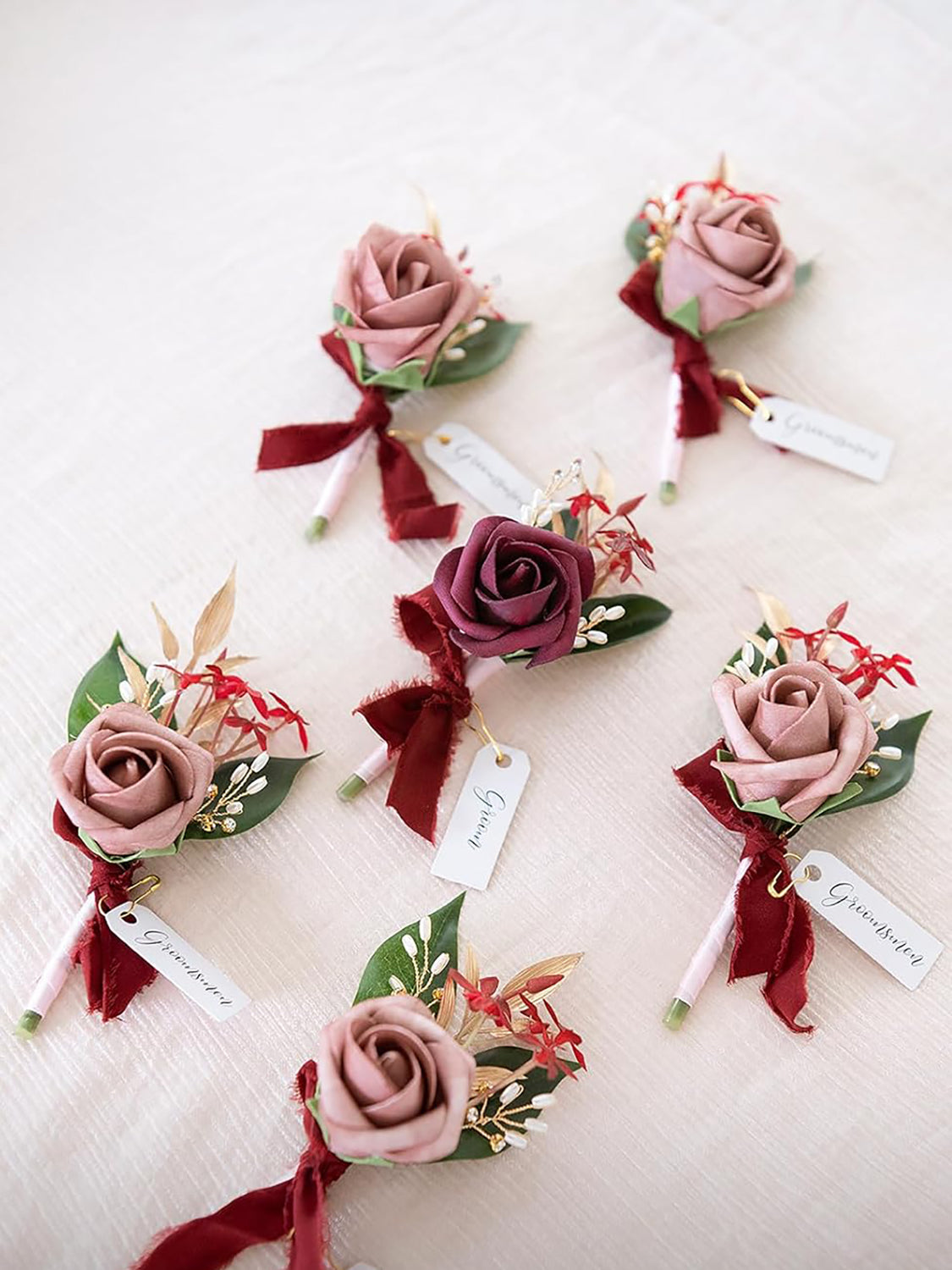 Marsala & Dusty Rose Groom Groomsmen Boutonniere 6pcs