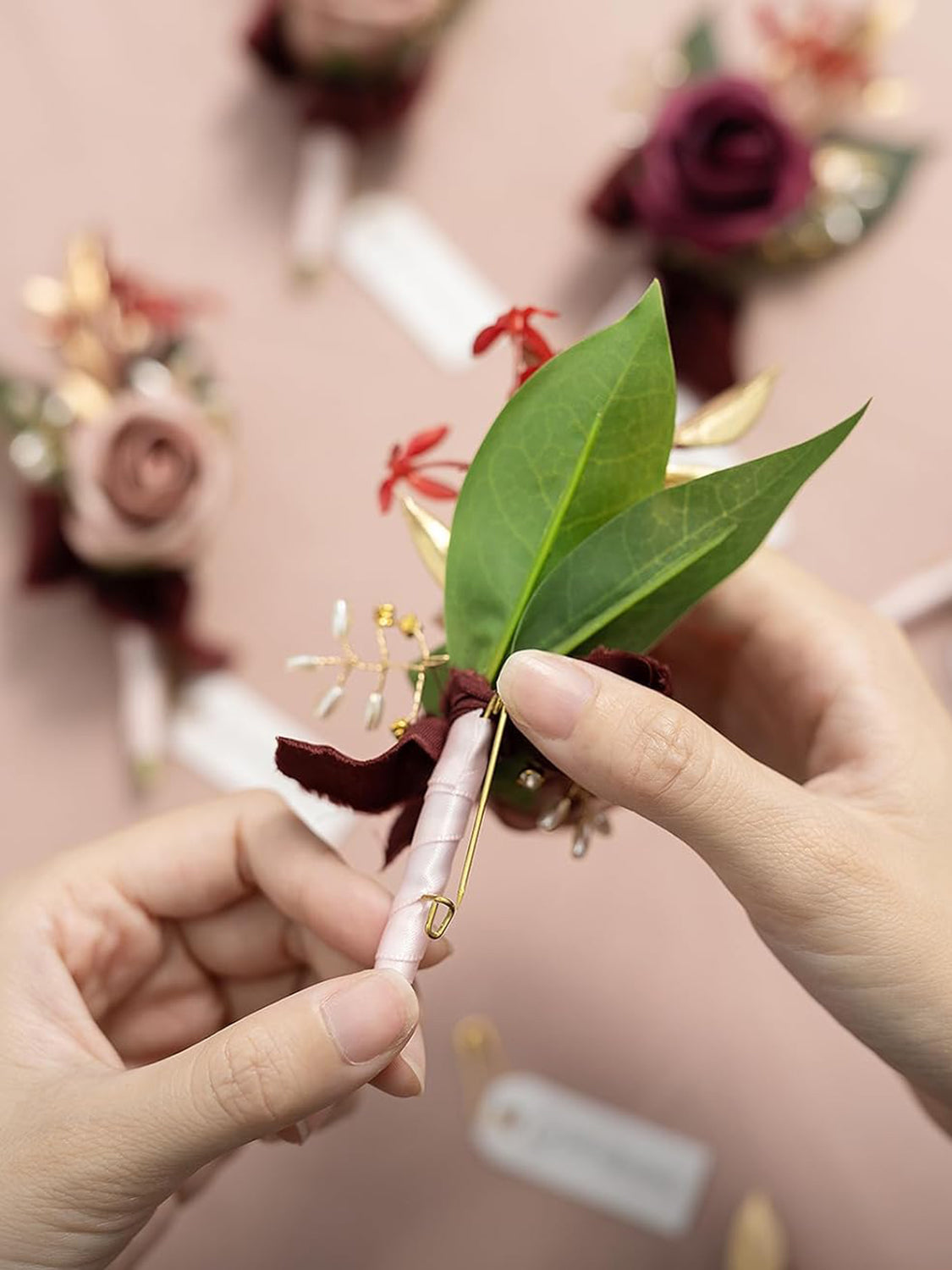 Marsala & Dusty Rose Groom Groomsmen Boutonniere 6pcs