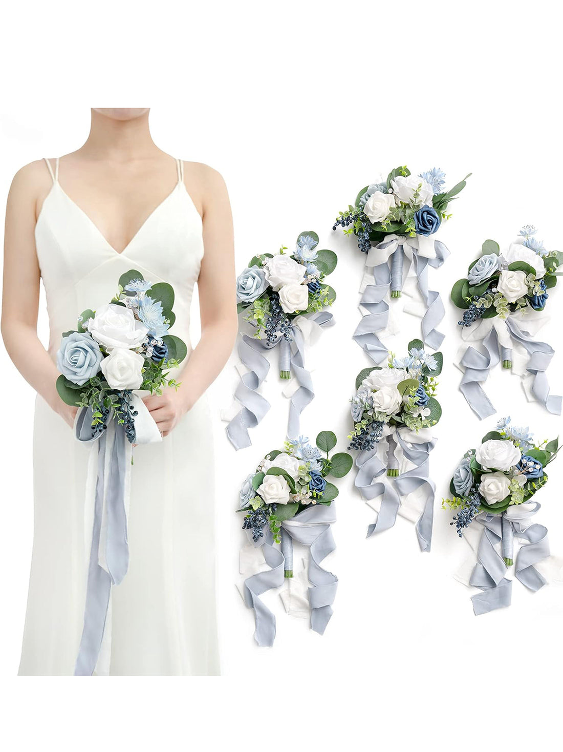 Dusty Blue & Navy Blue Wedding Flowers Bridesmaid Bouquet 7 Inch Set of 6