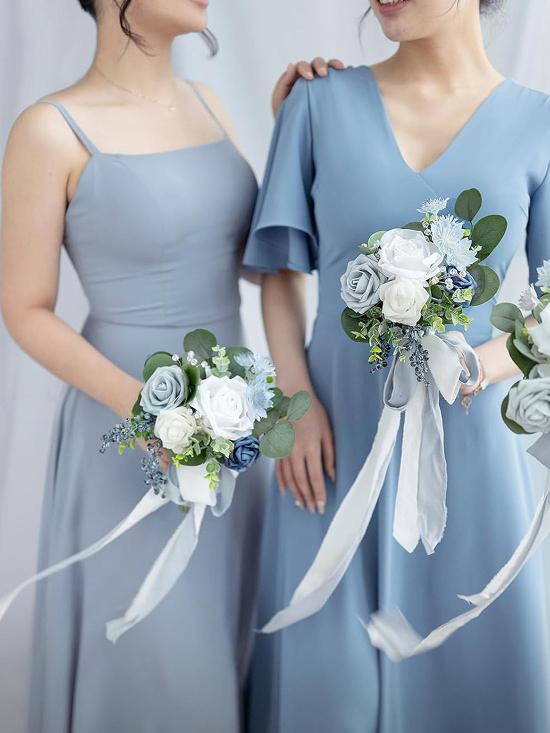 Dusty Blue & Navy Blue Wedding Flowers Bridesmaid Bouquet 7 Inch Set of 6