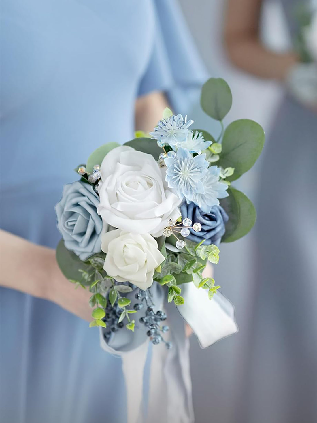 Dusty Blue & Navy Blue Wedding Flowers Bridesmaid Bouquet 7 Inch Set of 6