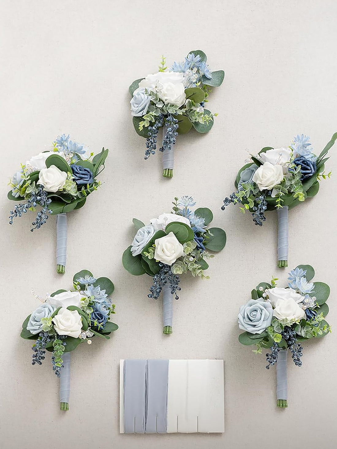 Dusty Blue & Navy Blue Wedding Flowers Bridesmaid Bouquet 7 Inch Set of 6