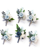 Dusty Blue Light Blue Groom Groomsmen Boutonniere 6pcs