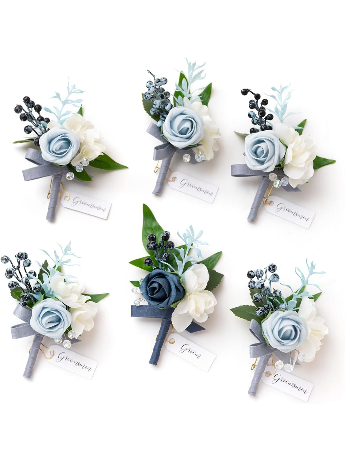 Dusty Blue Light Blue Groom Groomsmen Boutonniere 6pcs