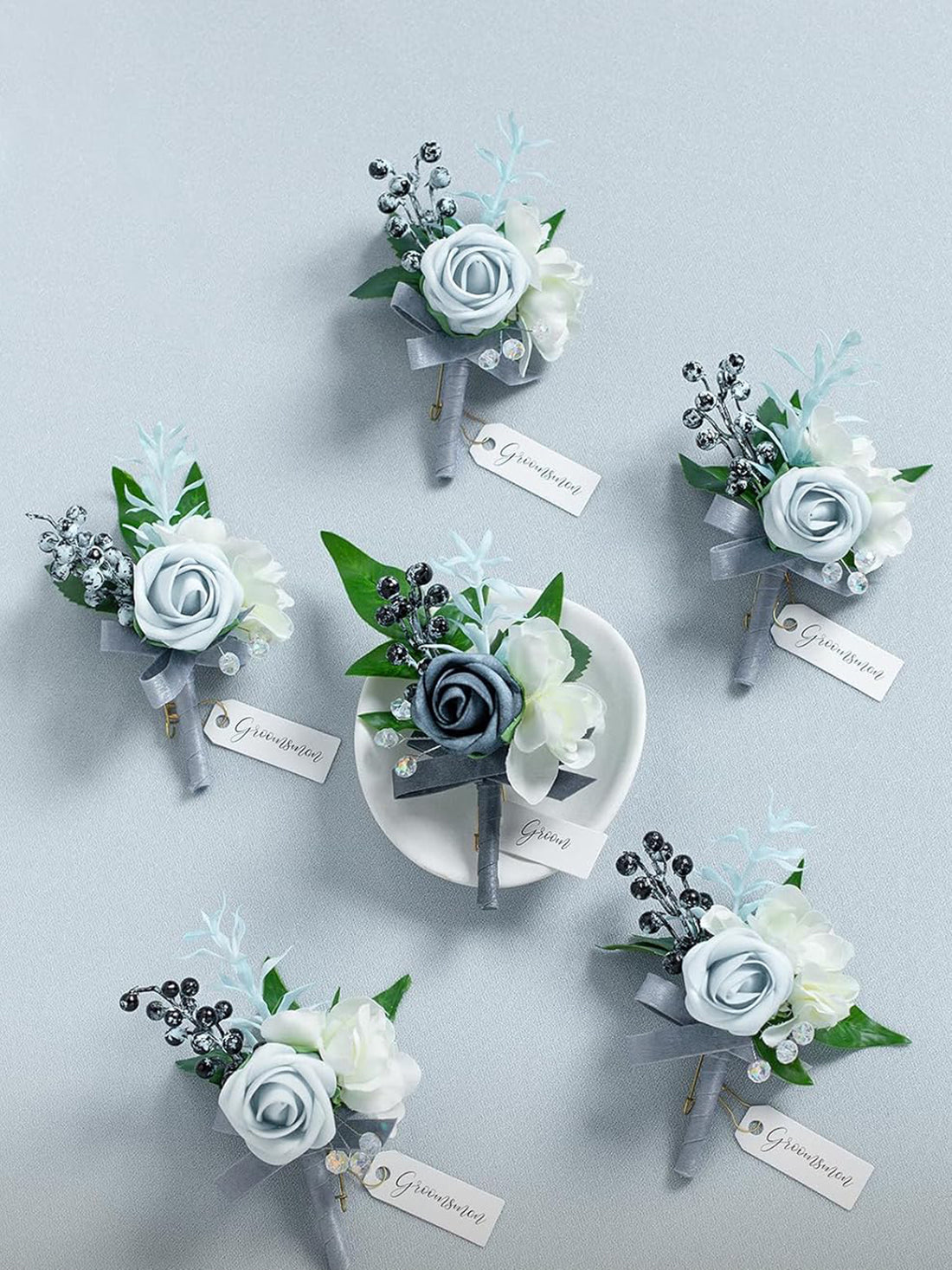 Dusty Blue Light Blue Groom Groomsmen Boutonniere 6pcs