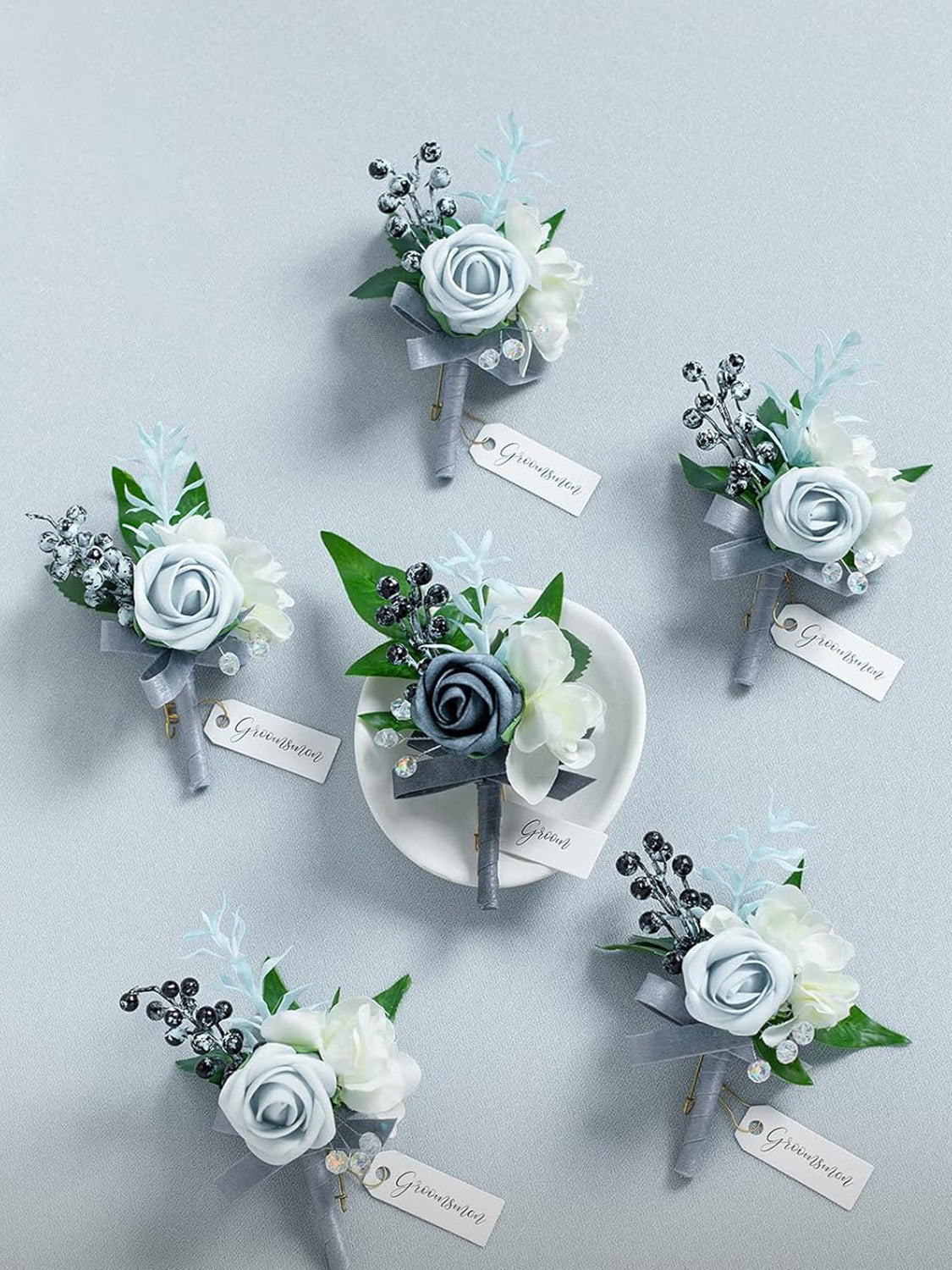 Dusty Blue Light Blue Groom Groomsmen Boutonniere 6pcs