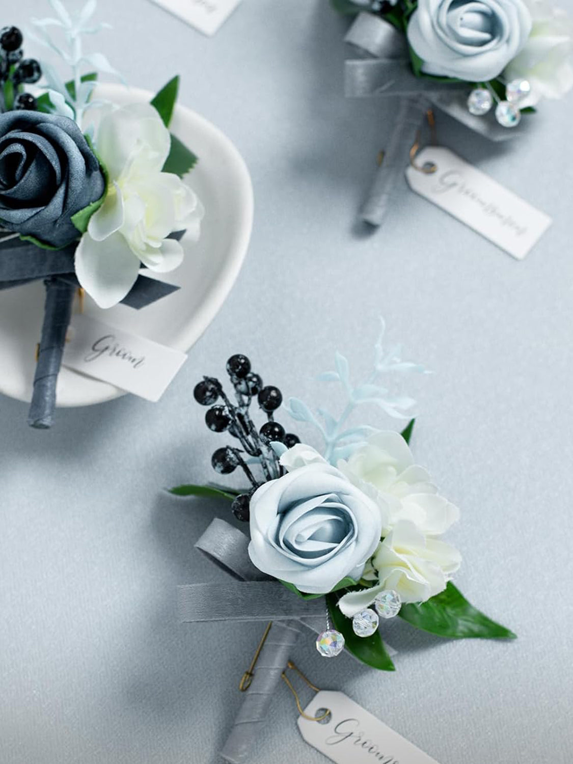 Dusty Blue Light Blue Groom Groomsmen Boutonniere 6pcs