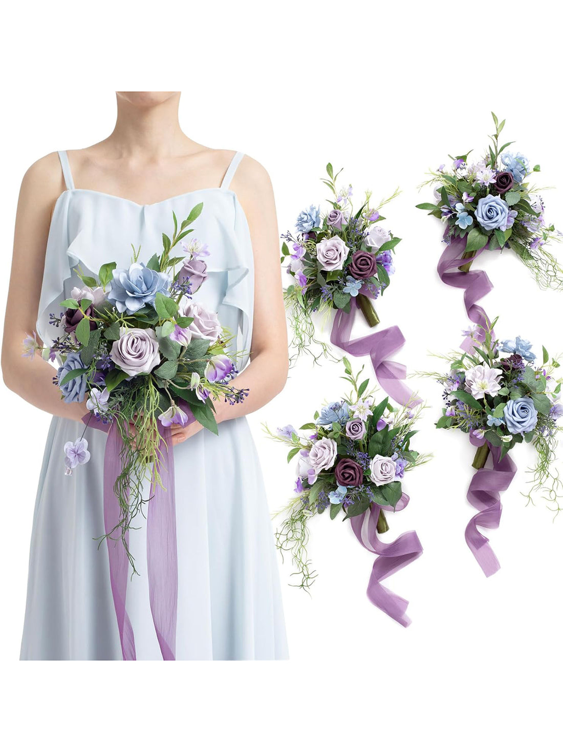 Light Purple Deep Plum Wedding Flowers Bridesmaid Bouquet 7 Inch Set of 4