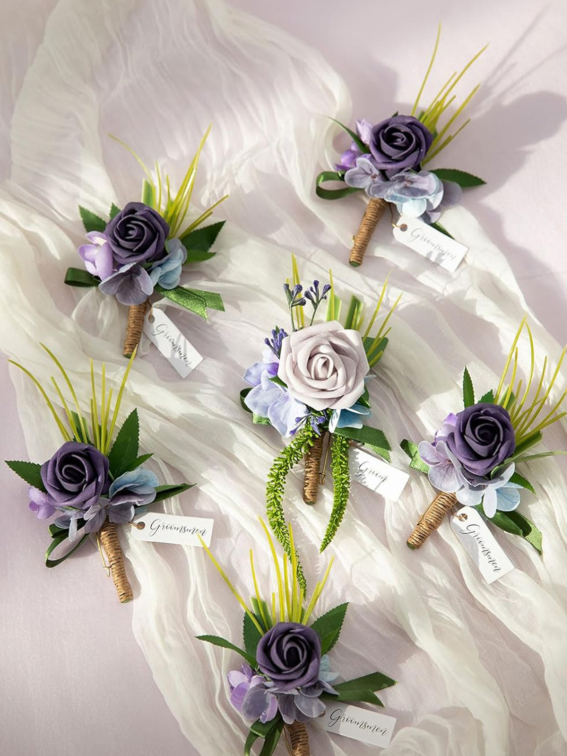 Purple Groom Groomsmen Boutonniere 6pcs