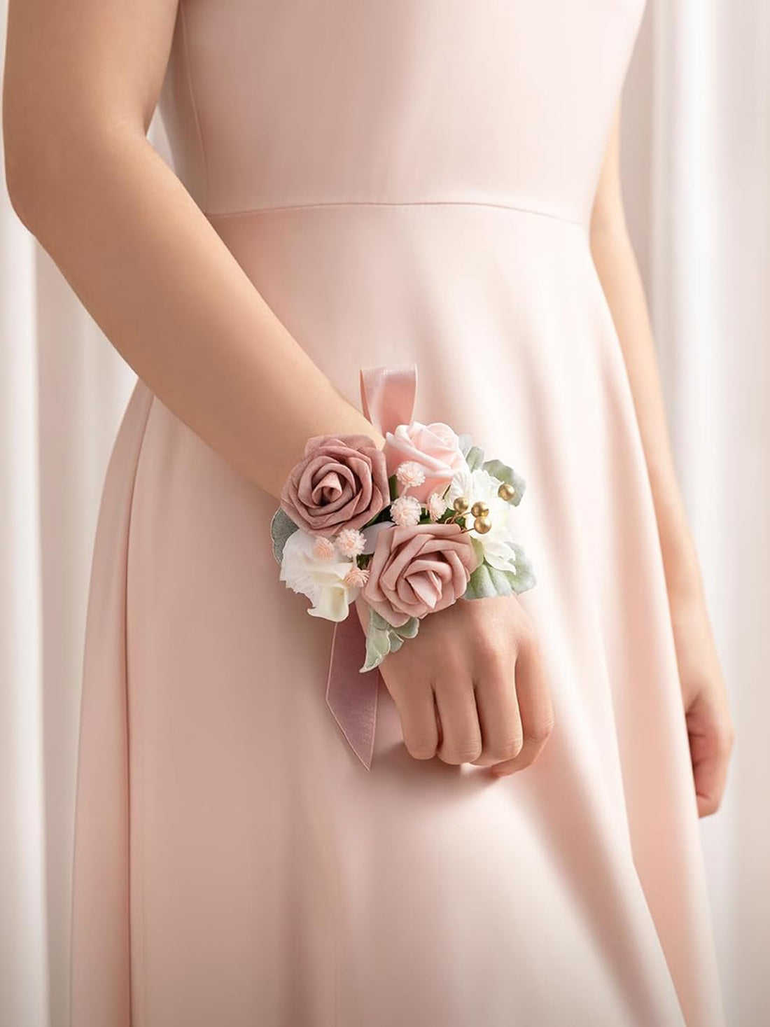 Dusty Rose & Pink Wedding Wrist Corsage Artificial Flowers 6pcs