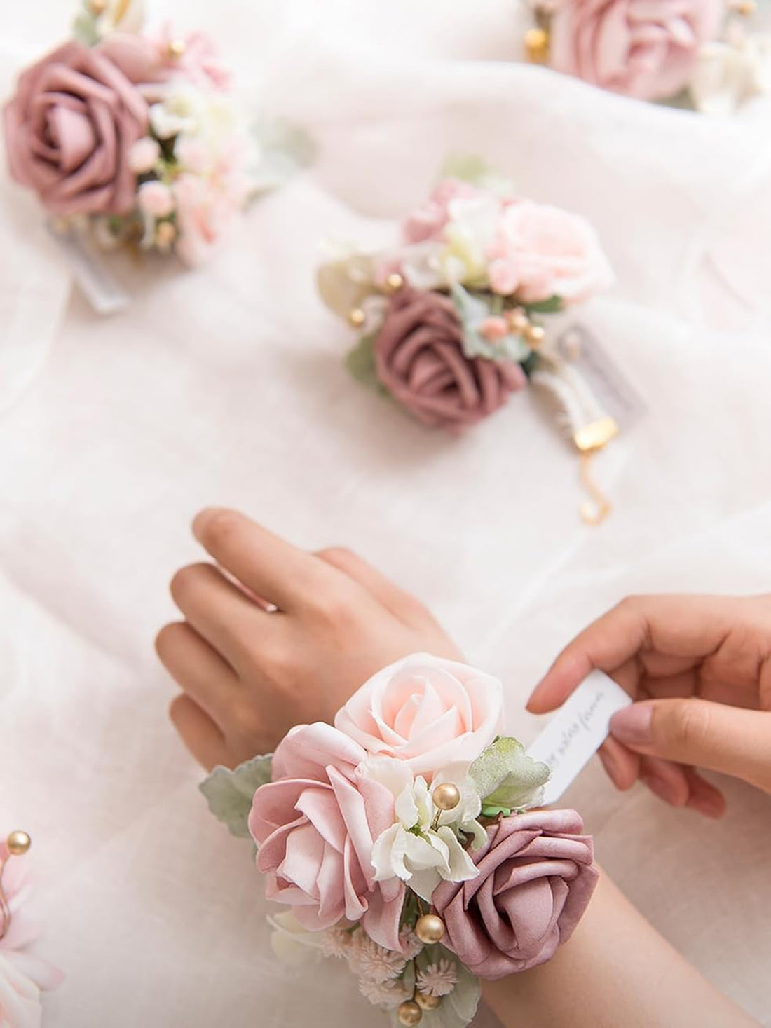 Dusty Rose & Pink Wedding Wrist Corsage Artificial Flowers 6pcs