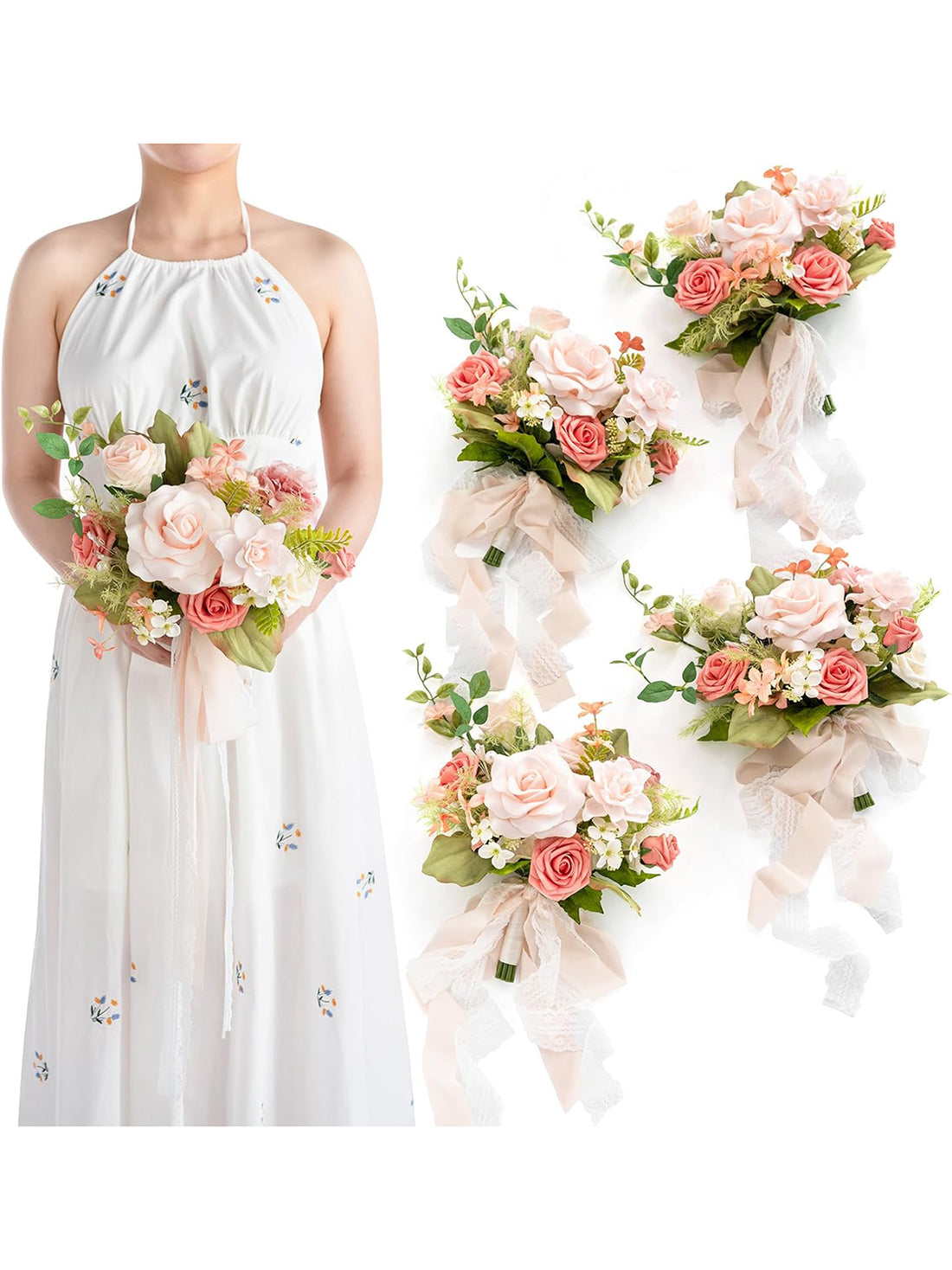 Blush Garden Bridesmaid Bouquets – 4-Piece Set, 7 Inch