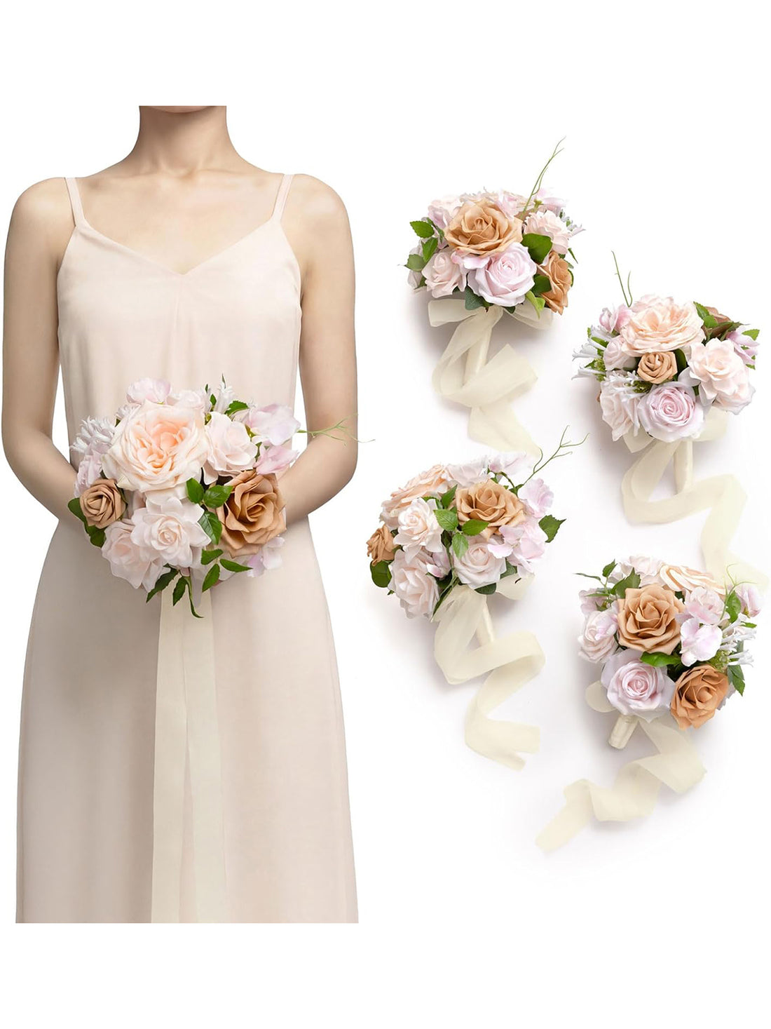 Sand Beige Artificial Wedding Flowers Bridesmaid Bouquet 7 Inch Set of 4
