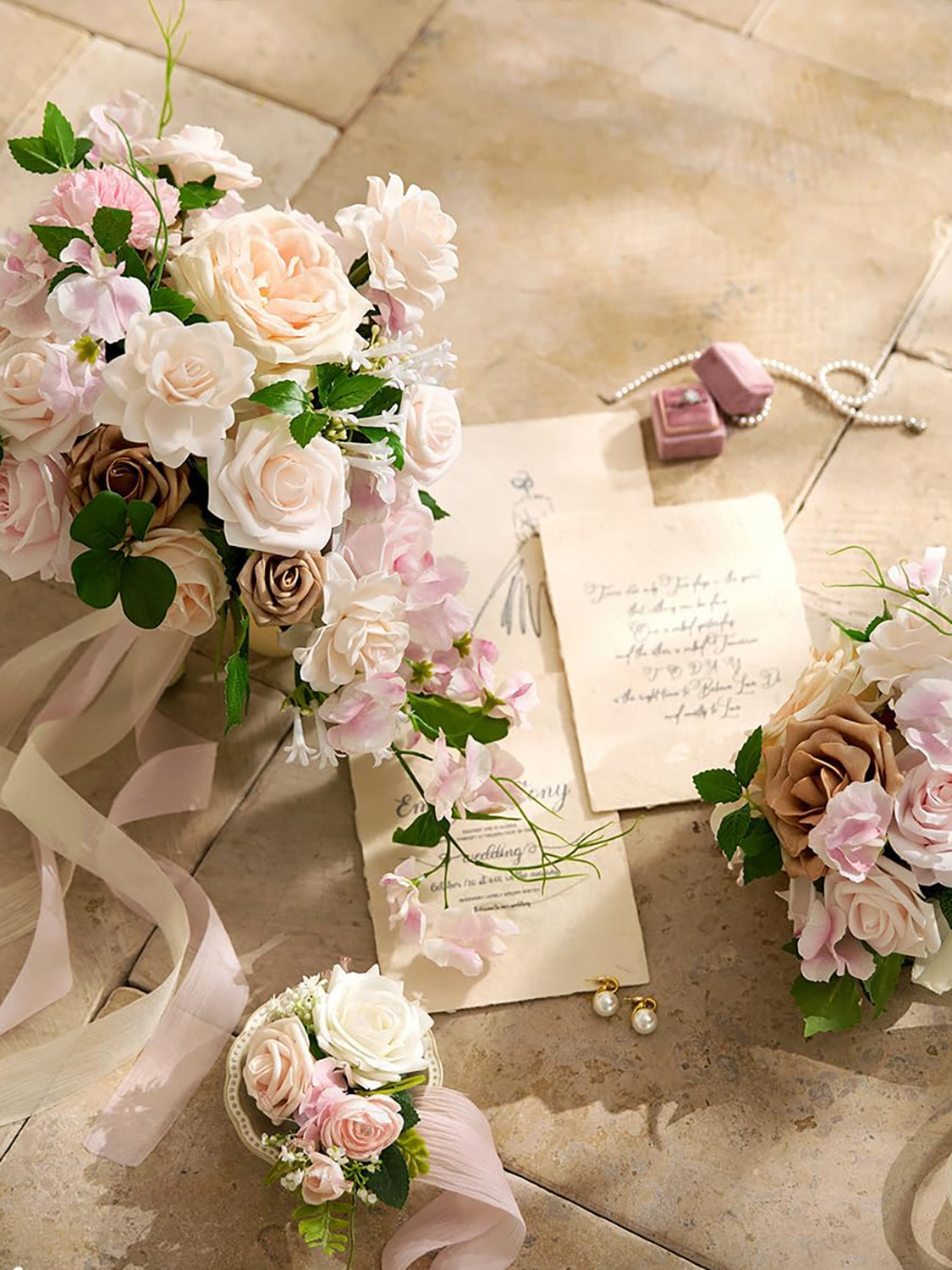 Sand Beige Artificial Wedding Flowers Bridesmaid Bouquet Set of 4