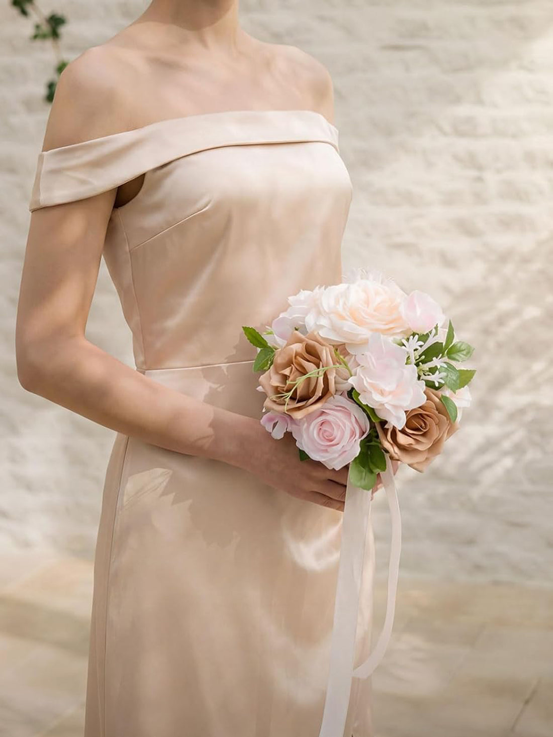 Sand Beige Artificial Wedding Flowers Bridesmaid Bouquet 7 Inch Set of 4
