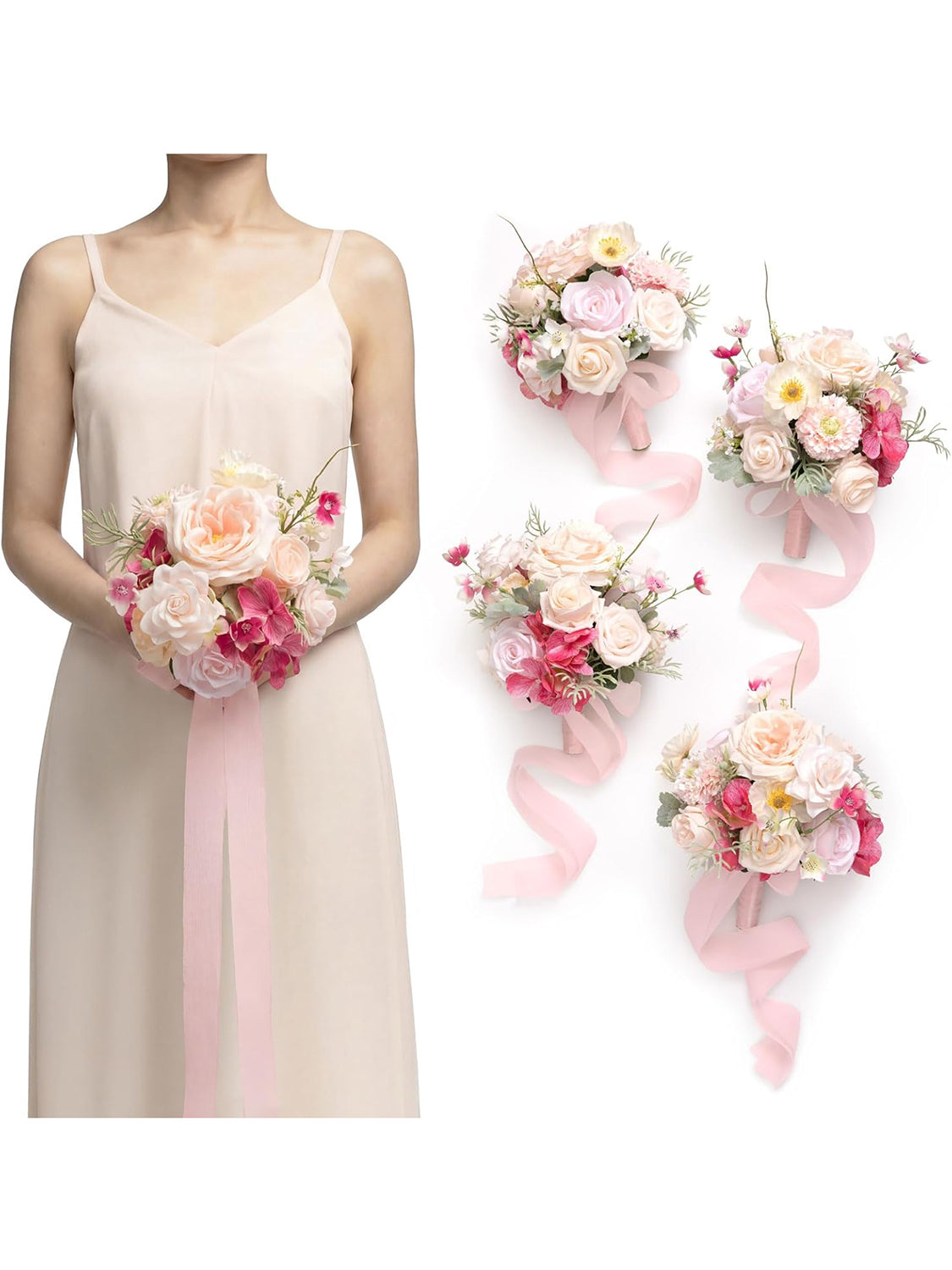 Powder Pink & Berry Pink Wedding Flowers Bridesmaid Bouquet Set of 4