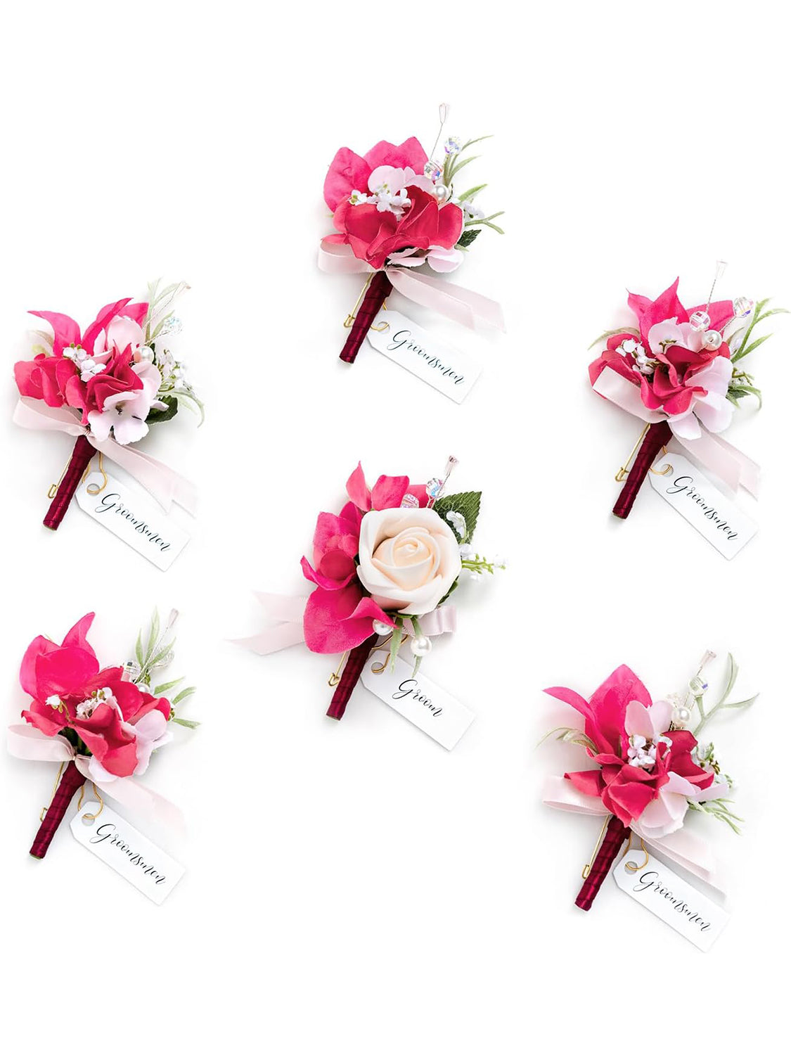 Blush & Hot Pink 6pcs Groom Groomsmen Boutonniere