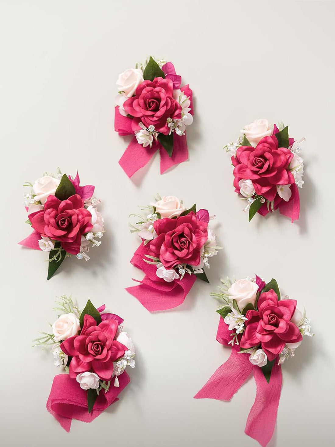 Hot Pink & Magenta Wedding Wrist Corsage Artificial Flowers 6pcs