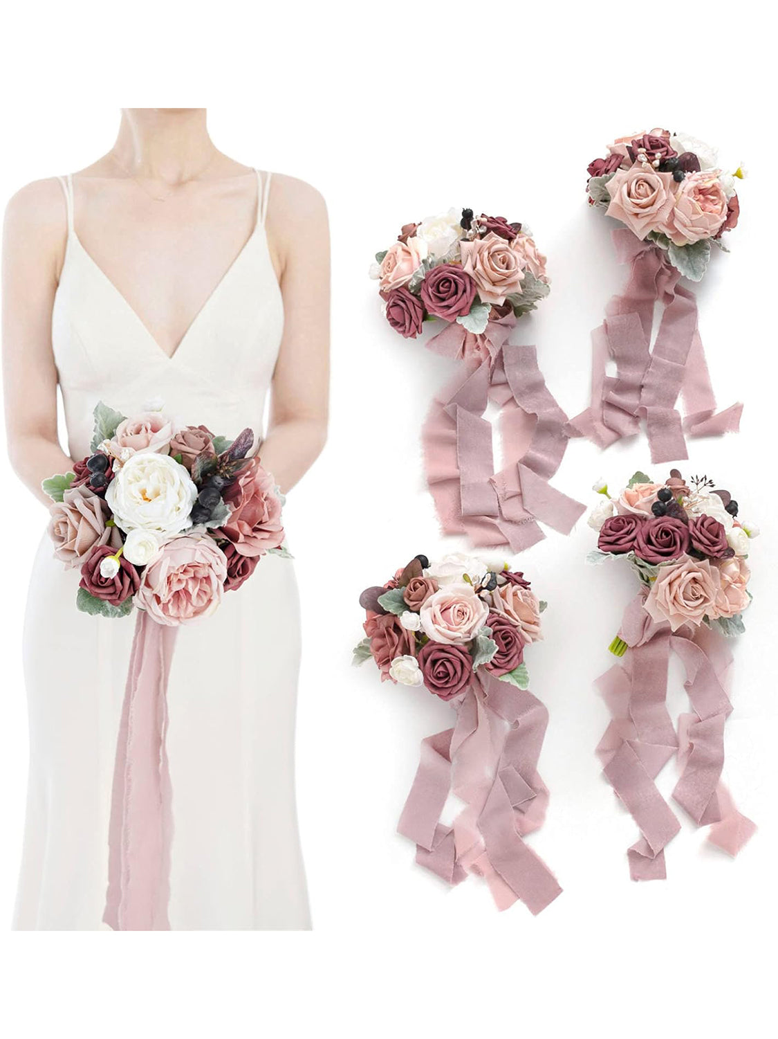 Dusty Rose & Mauve Wedding Flowers Bridesmaid Bouquet Set of 4