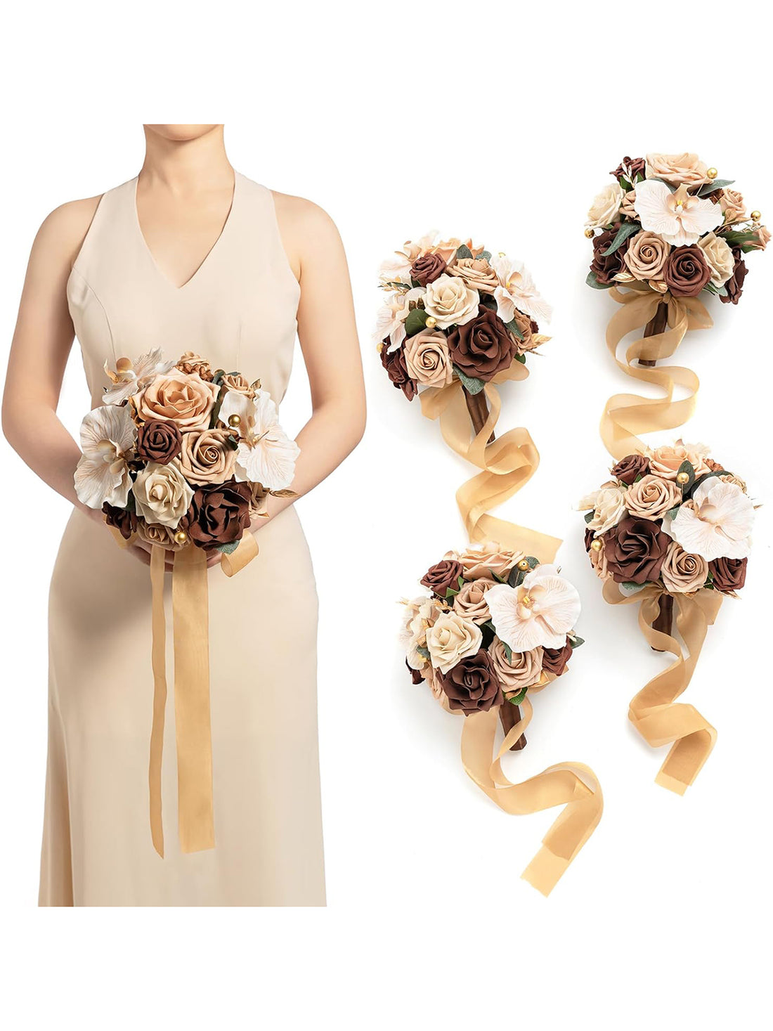 Walnut Brown Flowers Bridesmaid Bouquet 7 Inch Set of 4