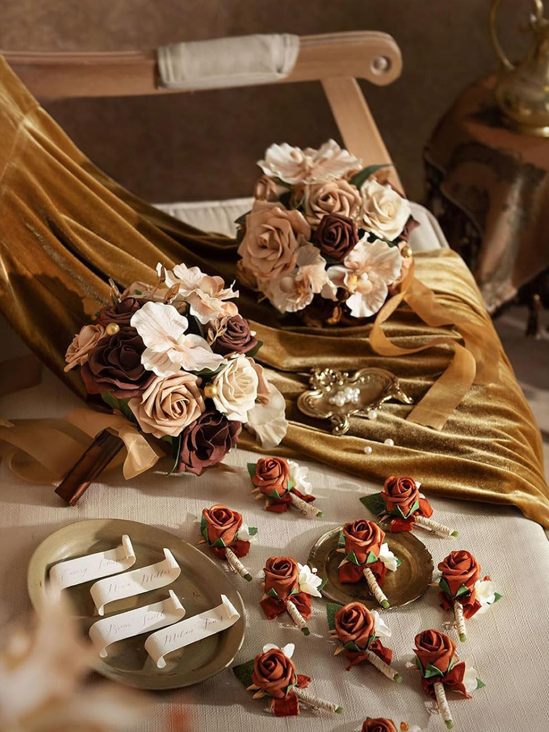 Walnut Brown Flowers Bridesmaid Bouquet 7 Inch Set of 4