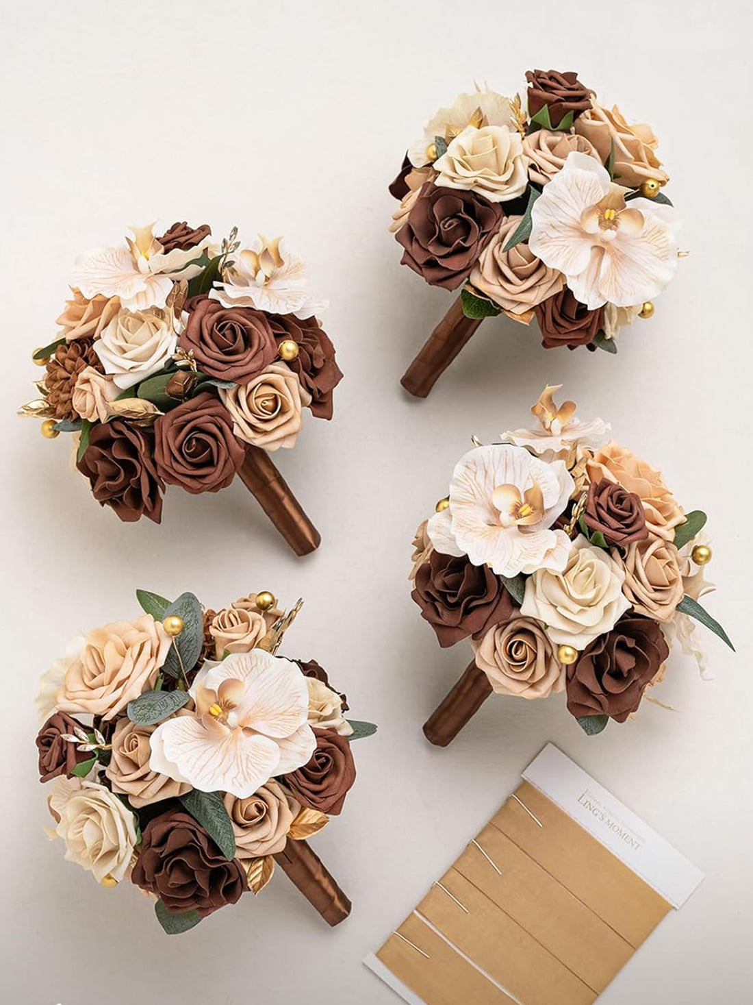 Walnut Brown Flowers Bridesmaid Bouquet 7 Inch Set of 4