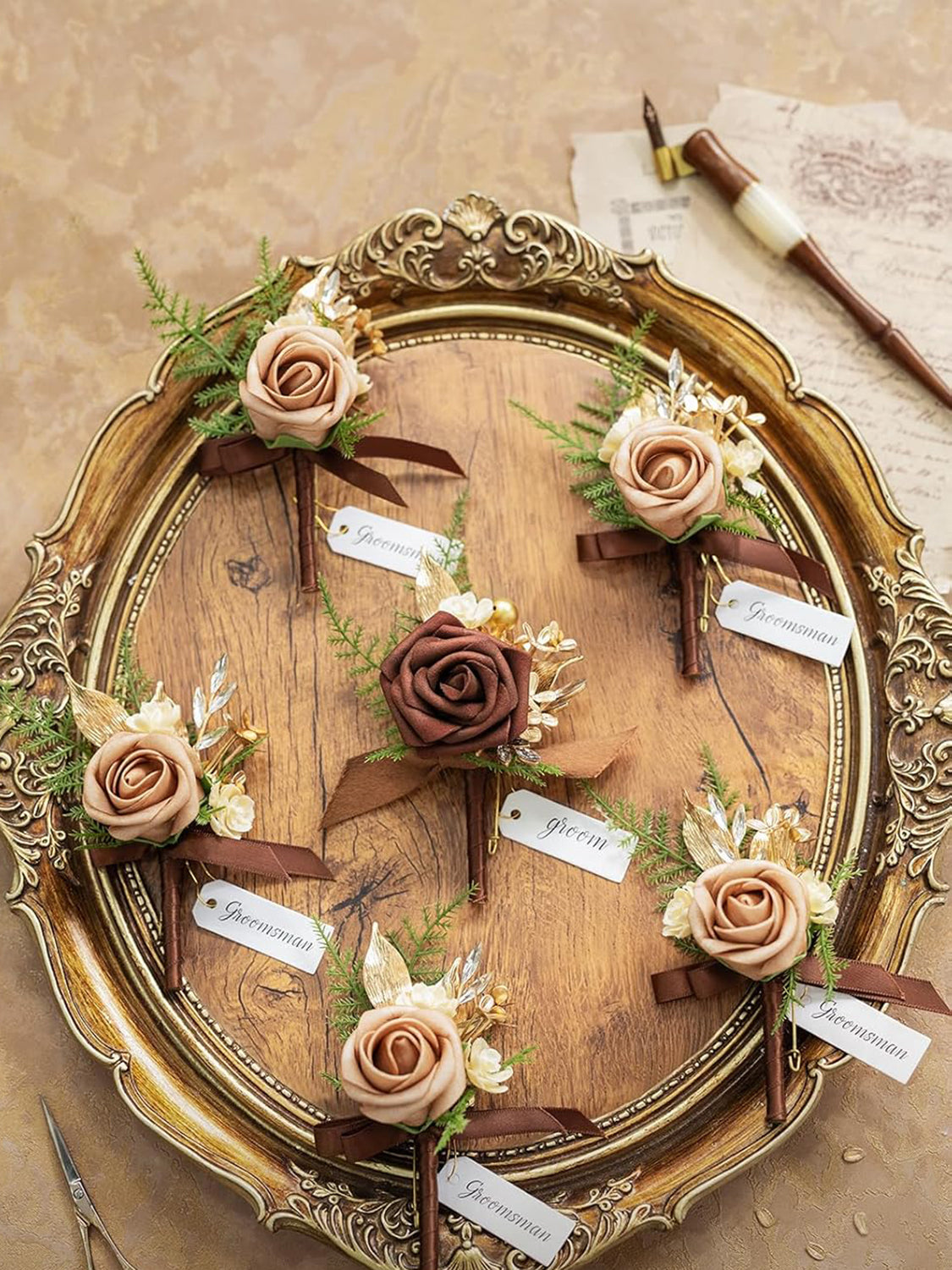 Walnut Brown 6pcs Groom Groomsmen Boutonniere