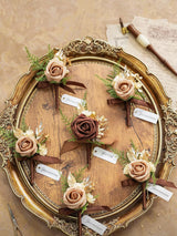 Walnut Brown 6pcs Groom Groomsmen Boutonniere