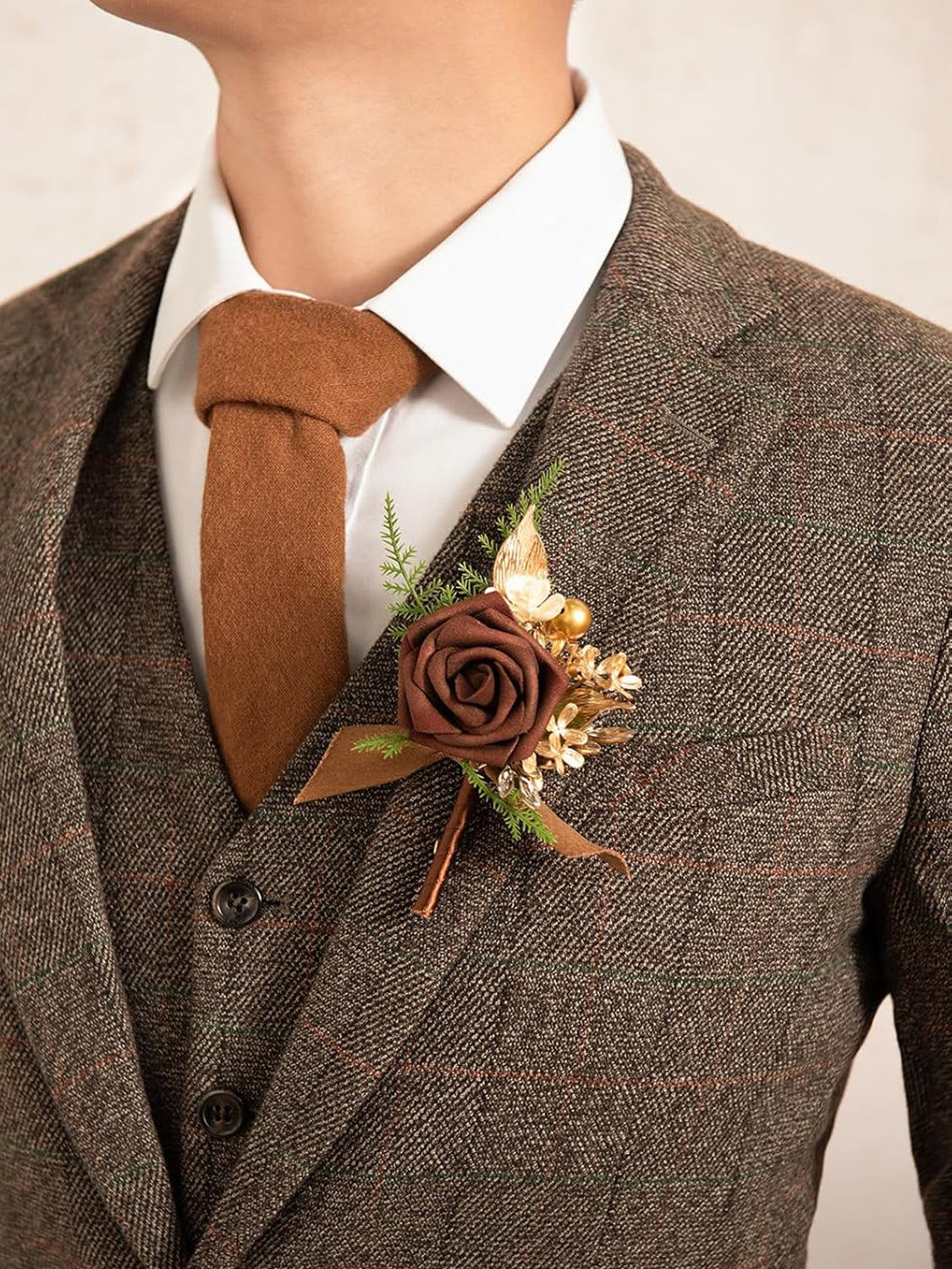 Walnut Brown 6pcs Groom Groomsmen Boutonniere