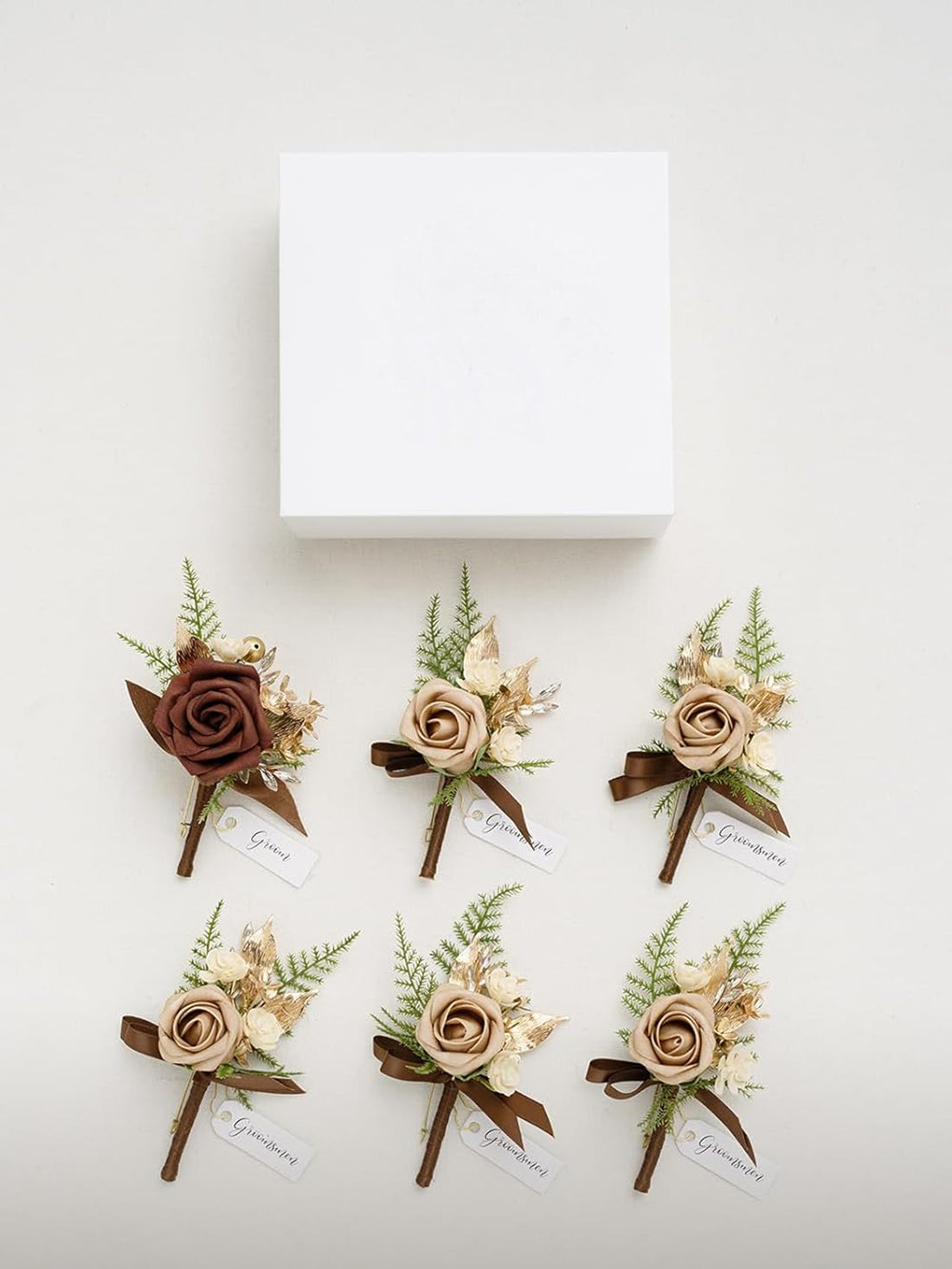 Walnut Brown 6pcs Groom Groomsmen Boutonniere