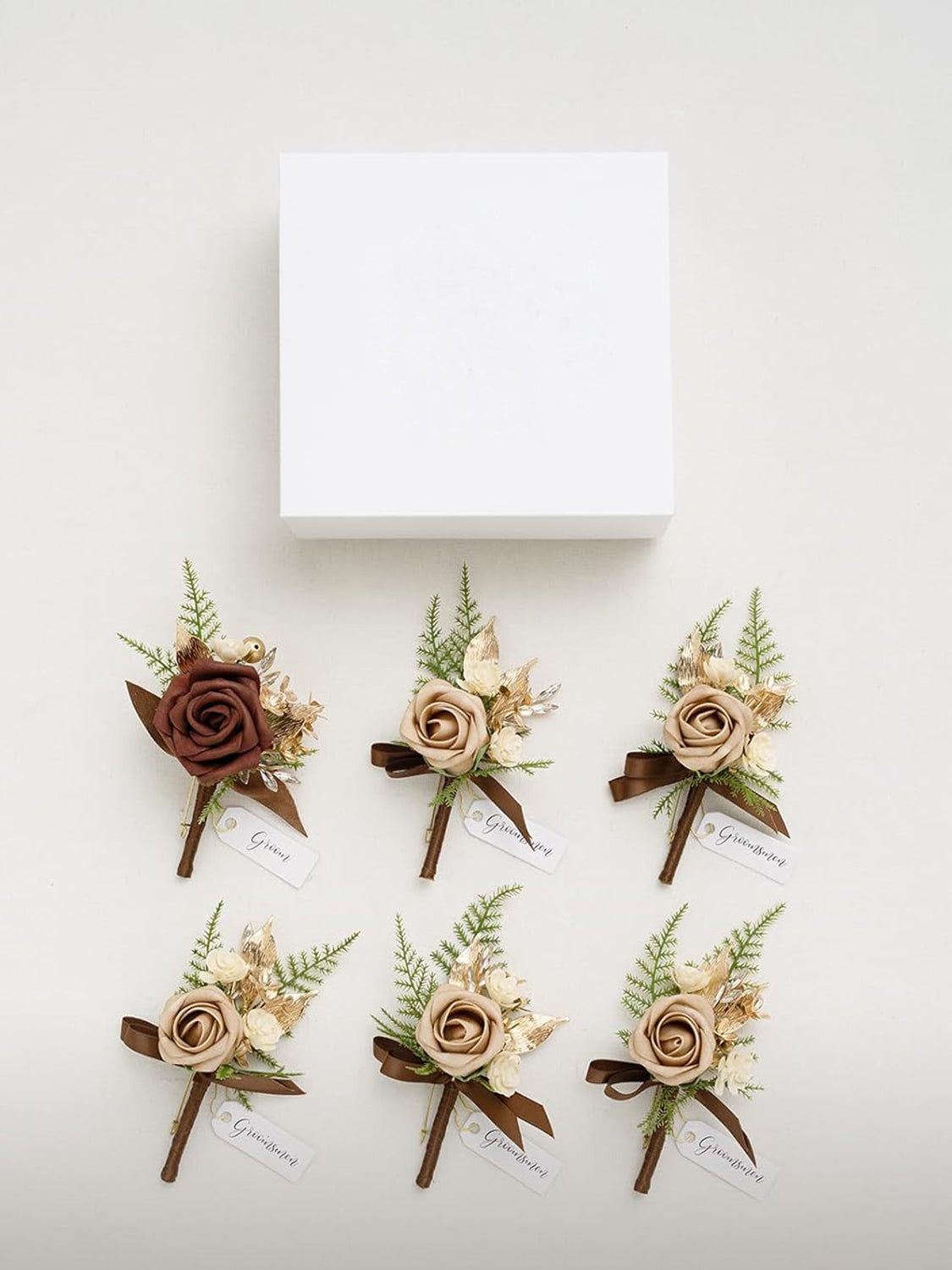 Walnut Brown 6pcs Groom Groomsmen Boutonniere
