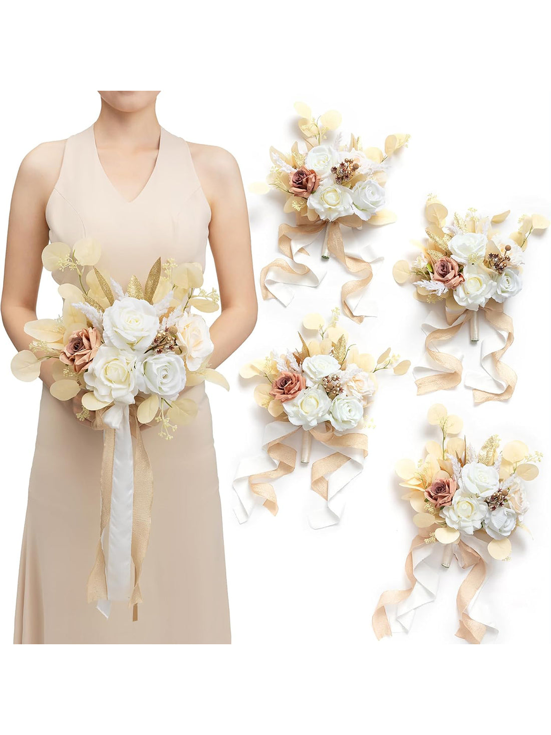 White & Beige Wedding Flowers Bridesmaid Bouquet 7 Inch Set of 4